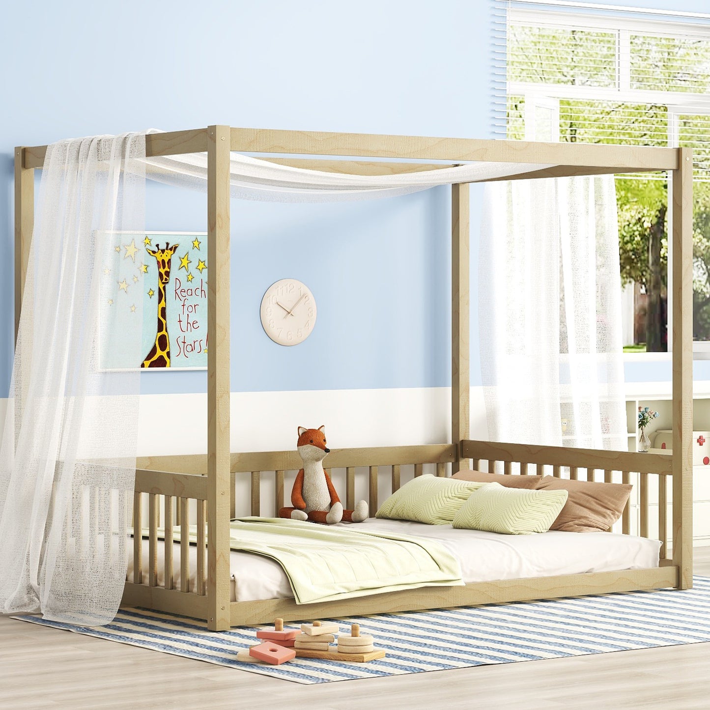 Natural wood canopy bed frame with sheer drapes