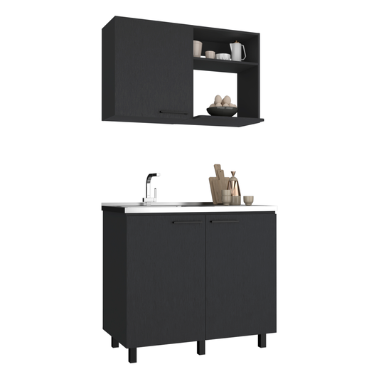 Black kitchen cabinet with sink and wallmounted shelf unit