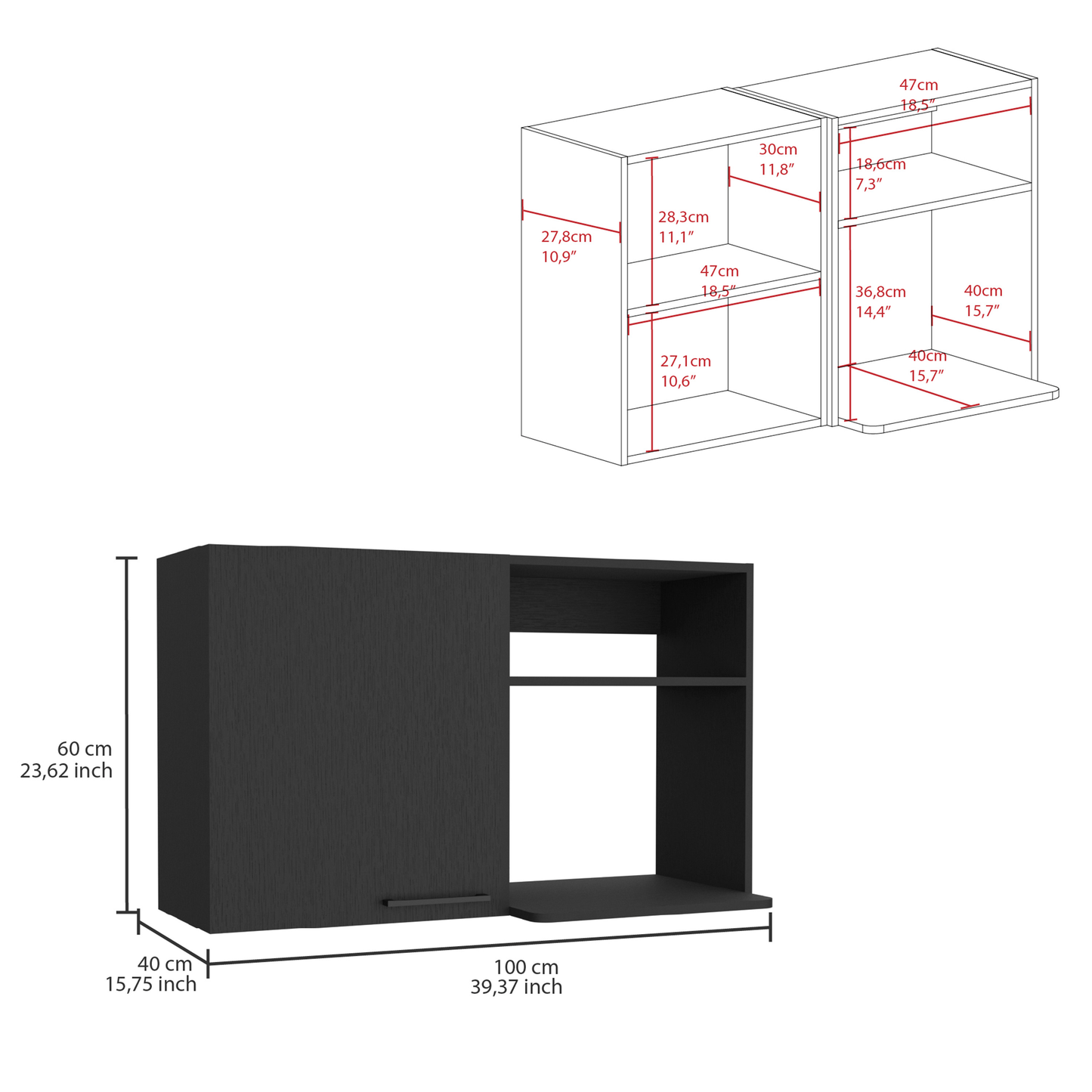 Dark gray modern wall cabinet with shelf and door cm width