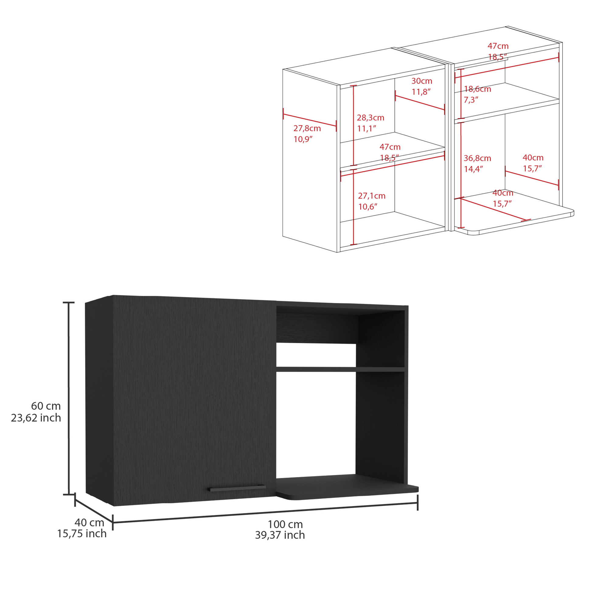 Dark gray modern wall cabinet with shelf and door cm width