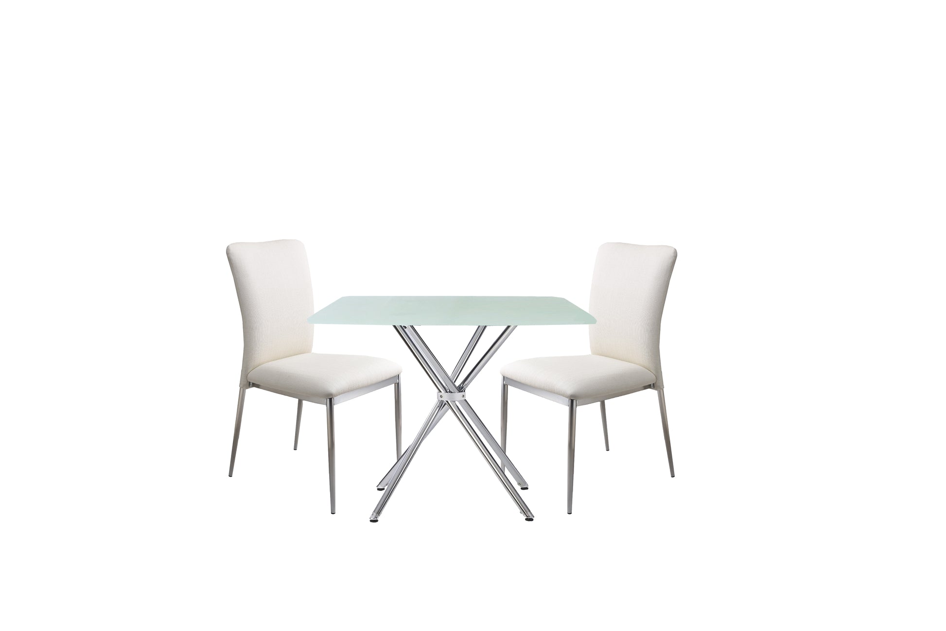 Modern glass dining set with two upholstered chairs