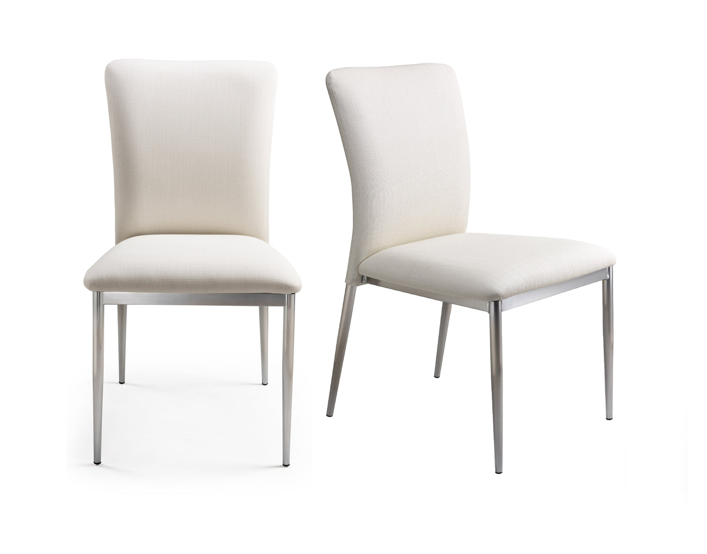 Modern cream upholstered dining chair with brushed metal legs