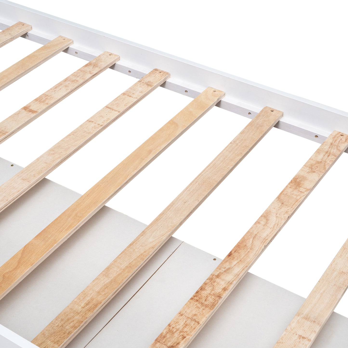 White wooden bed frame with sturdy plywood slats for mattress support and comfort
