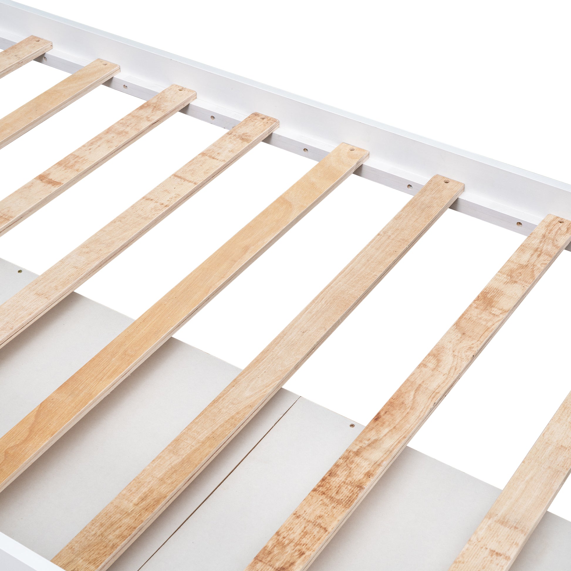 White wooden bed frame with sturdy plywood slats for mattress support and comfort