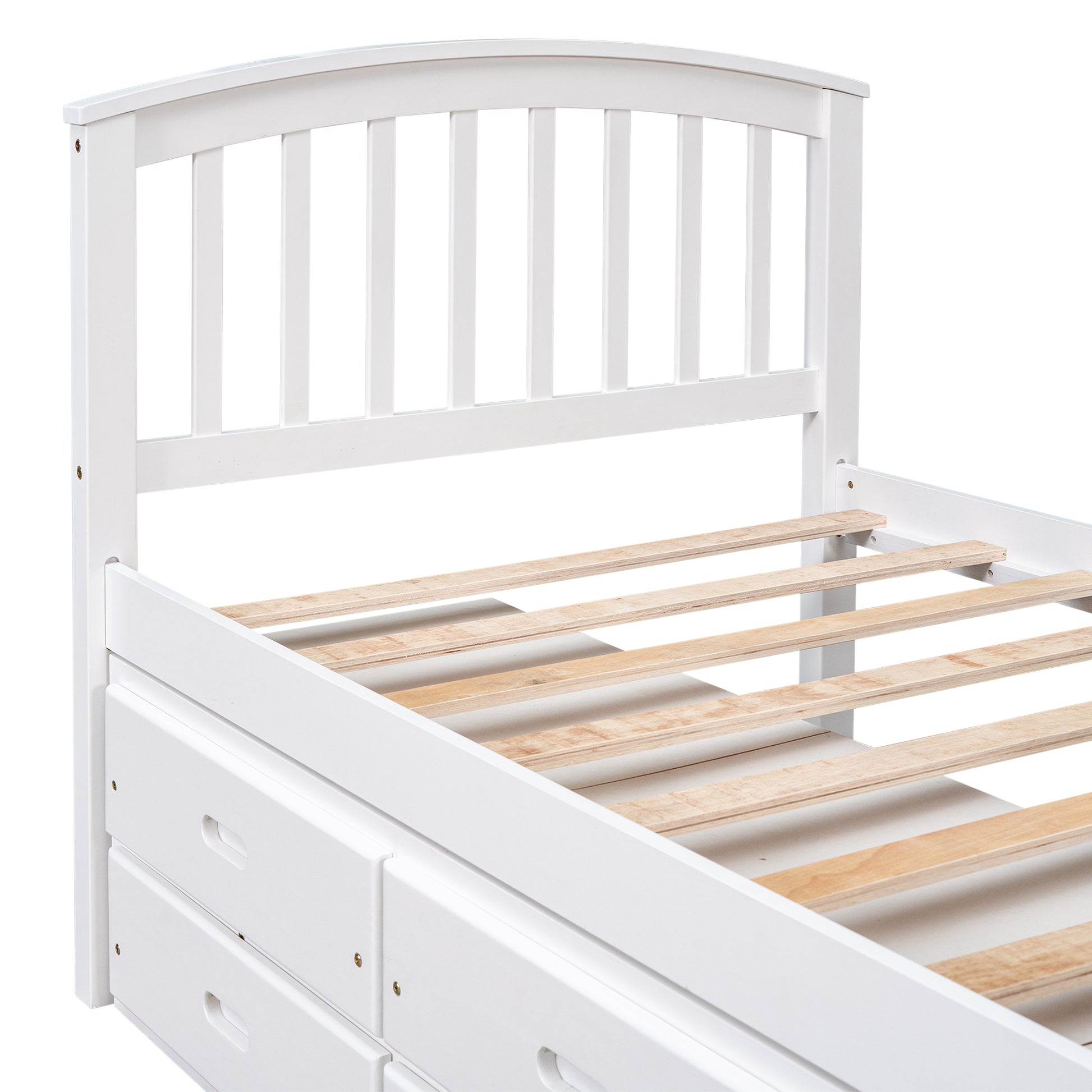 White wooden twin bed frame with slatted base and storage drawers