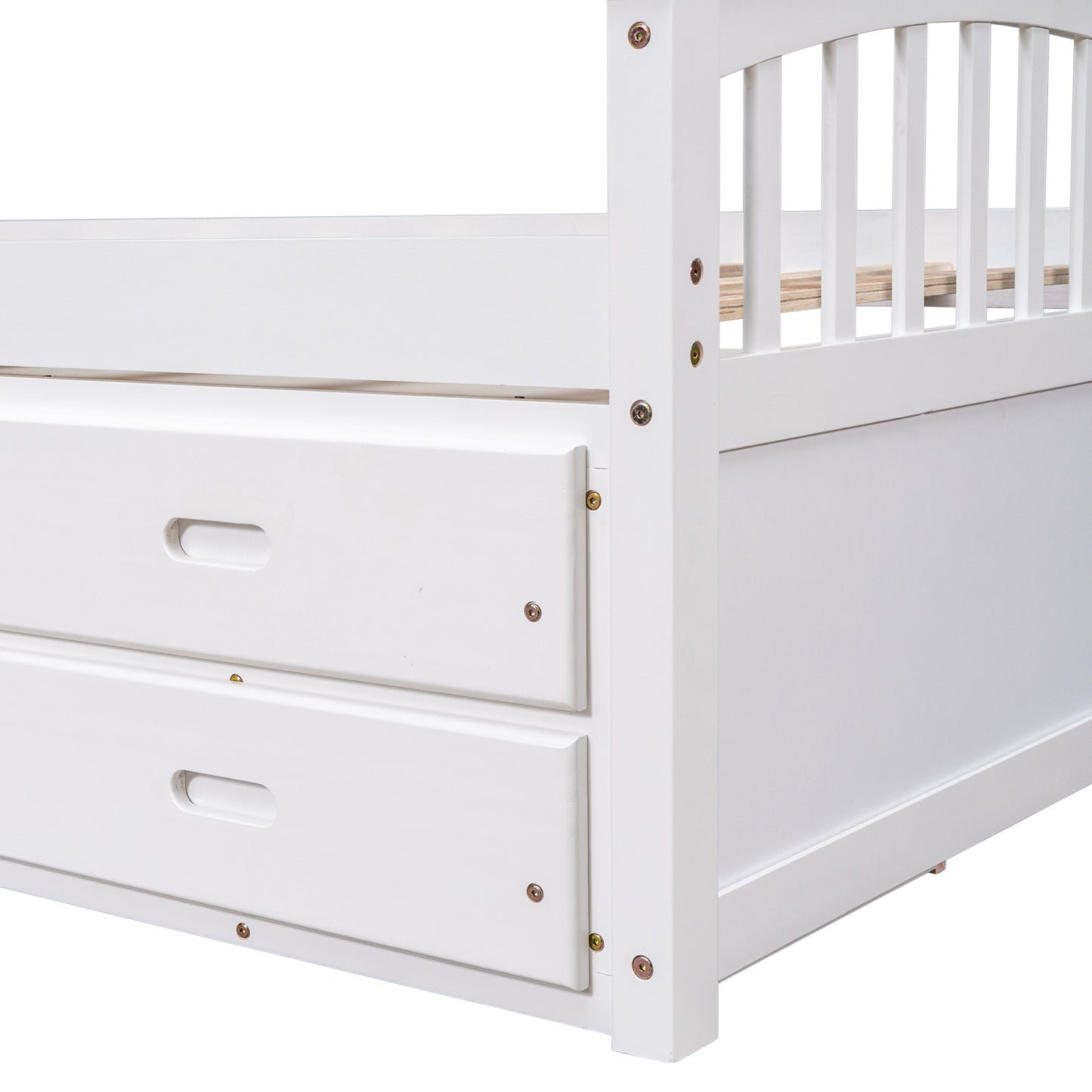 White wooden twin bed frame with two drawers below
