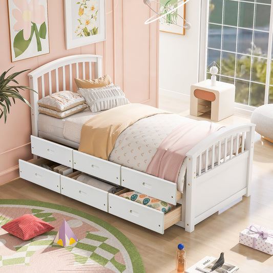 White wooden twin bed frame with storage drawers and arched headboard