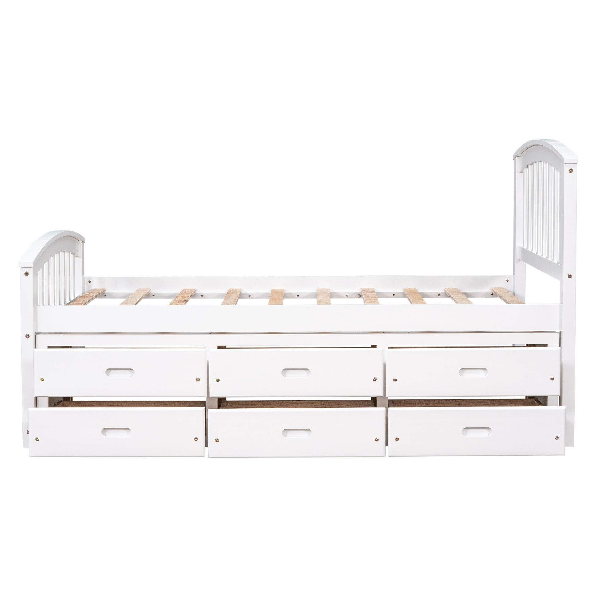 White wooden twin bed with six storage drawers