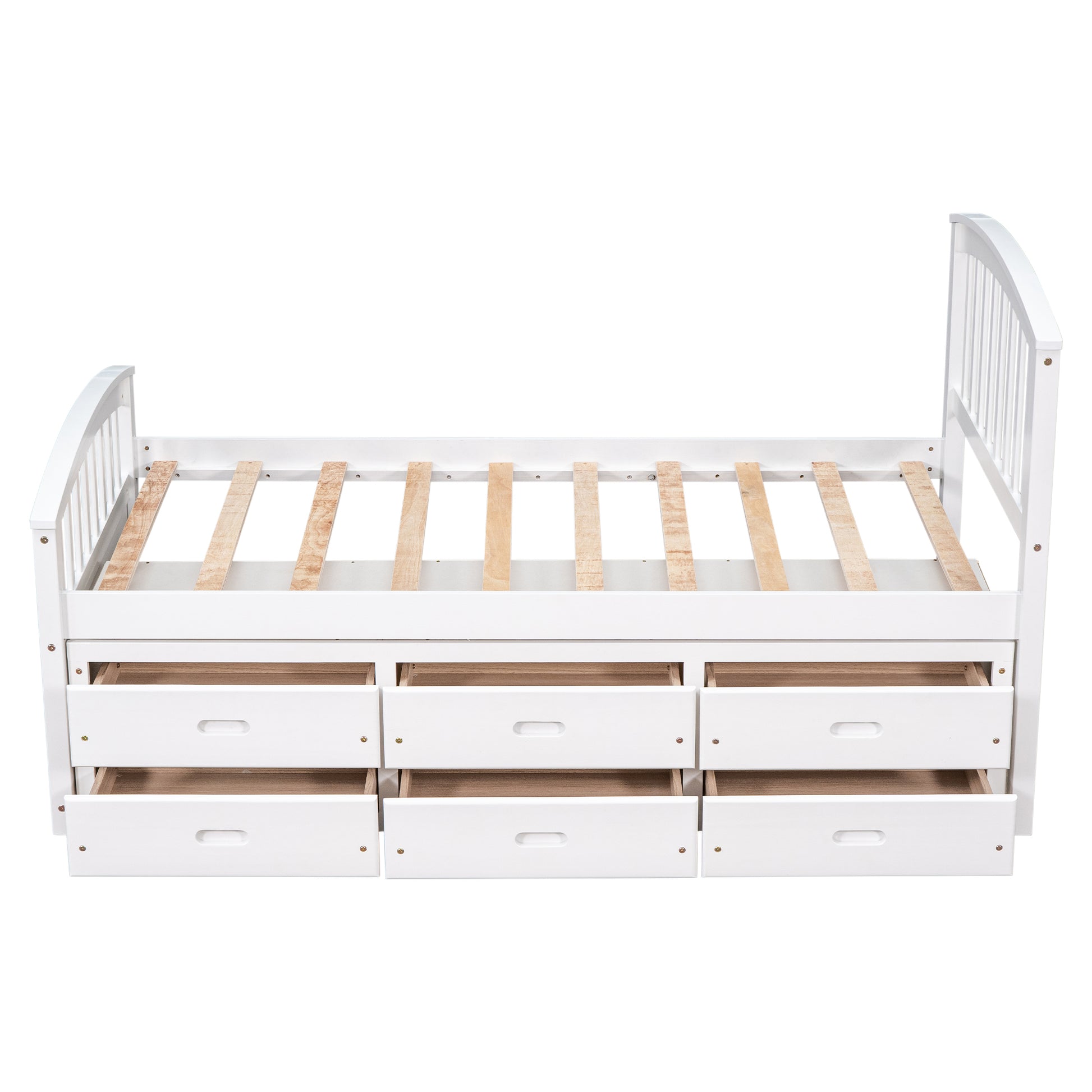 White wooden twin bed with six storage drawers and slatted frame