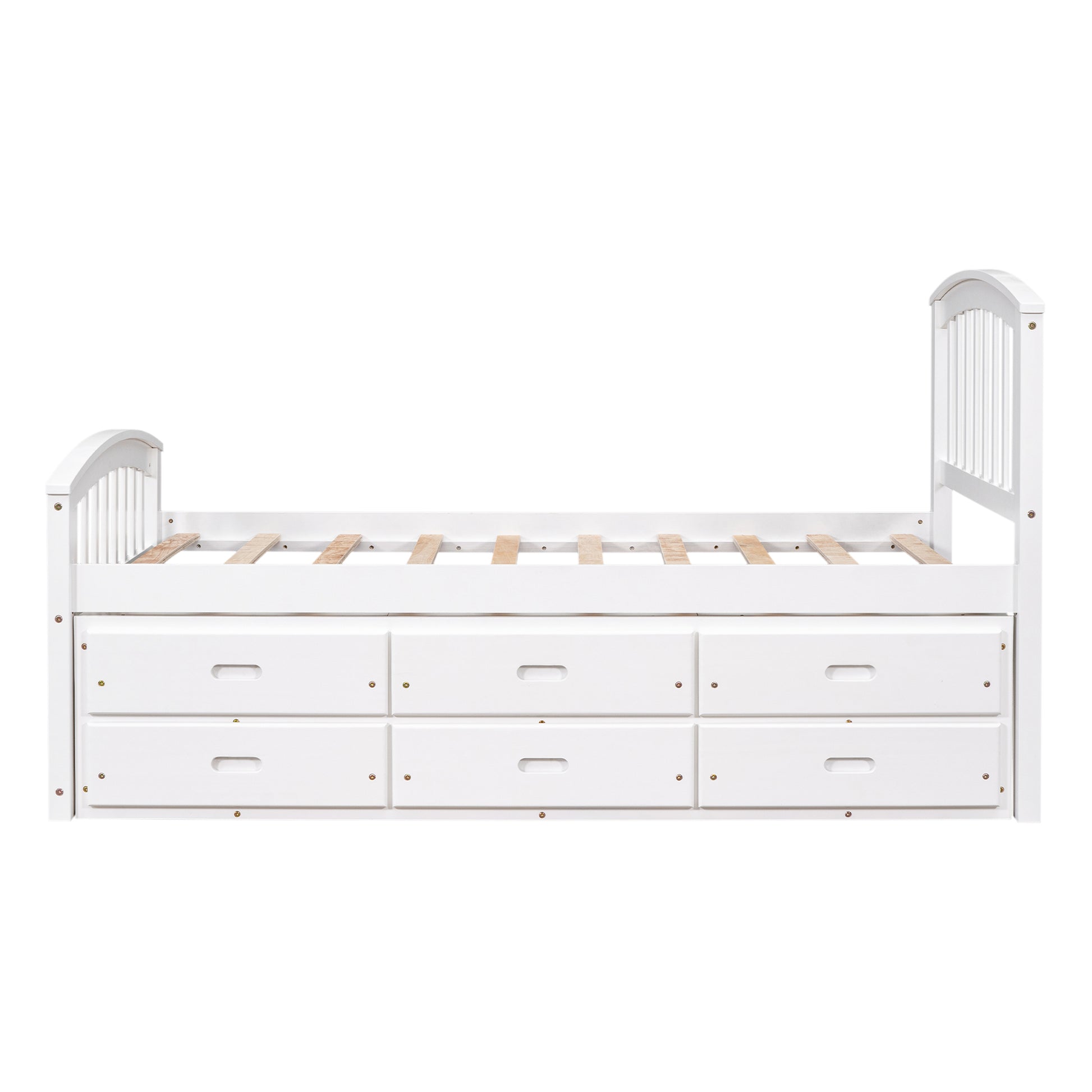 White wooden twin bed with six storage drawers and arched headboard