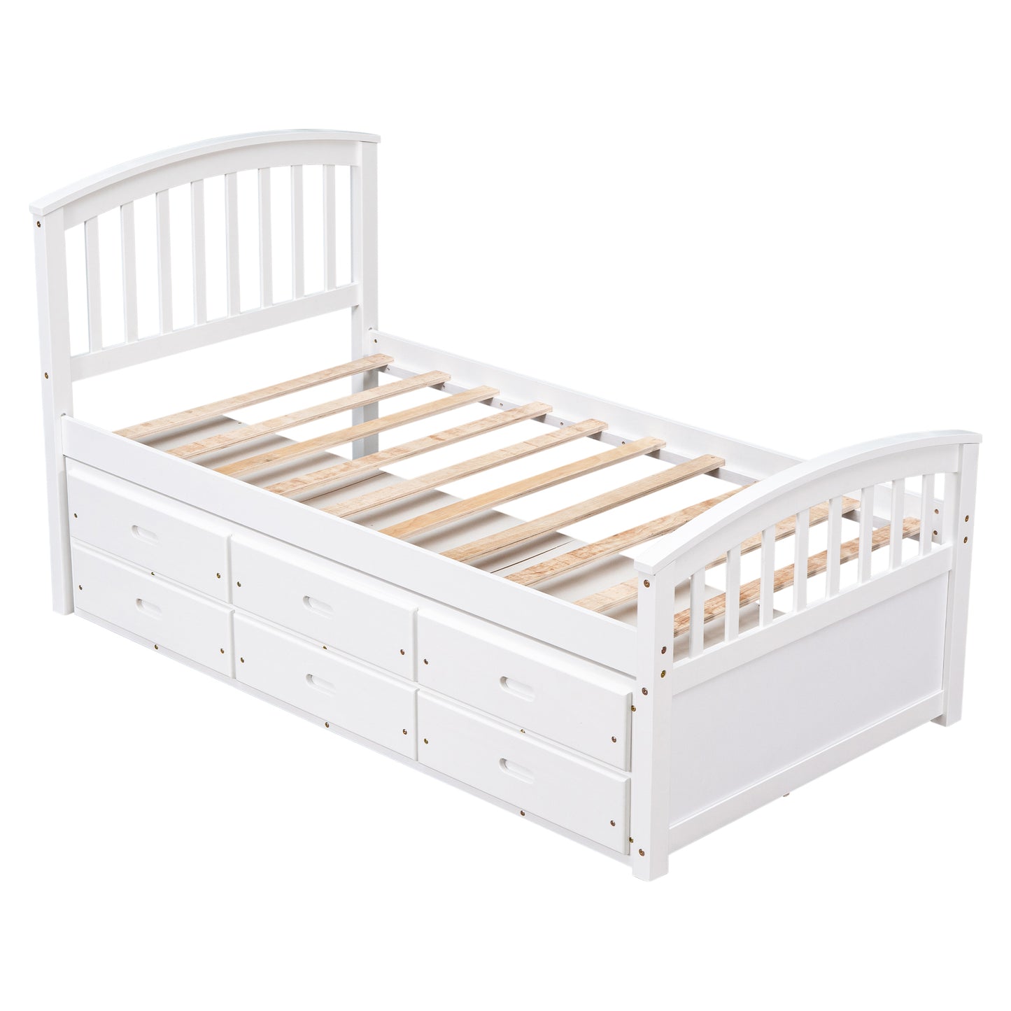 White wooden twin bed frame with six drawers and slatted support
