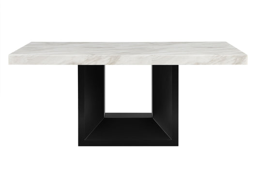 Modern dining table with white marble top and black Ushaped pedestal base