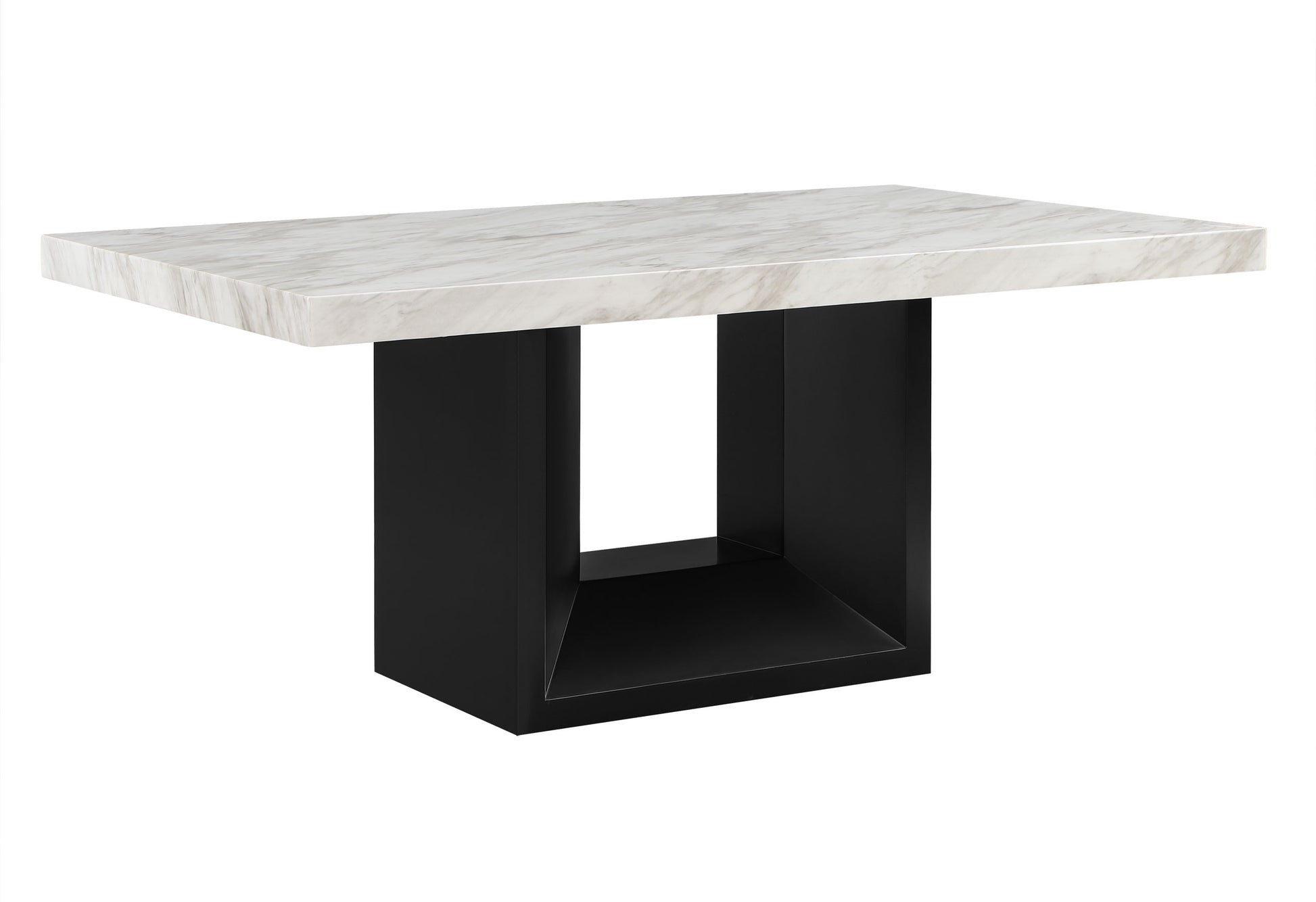Rectangular marble top dining table with black pedestal base