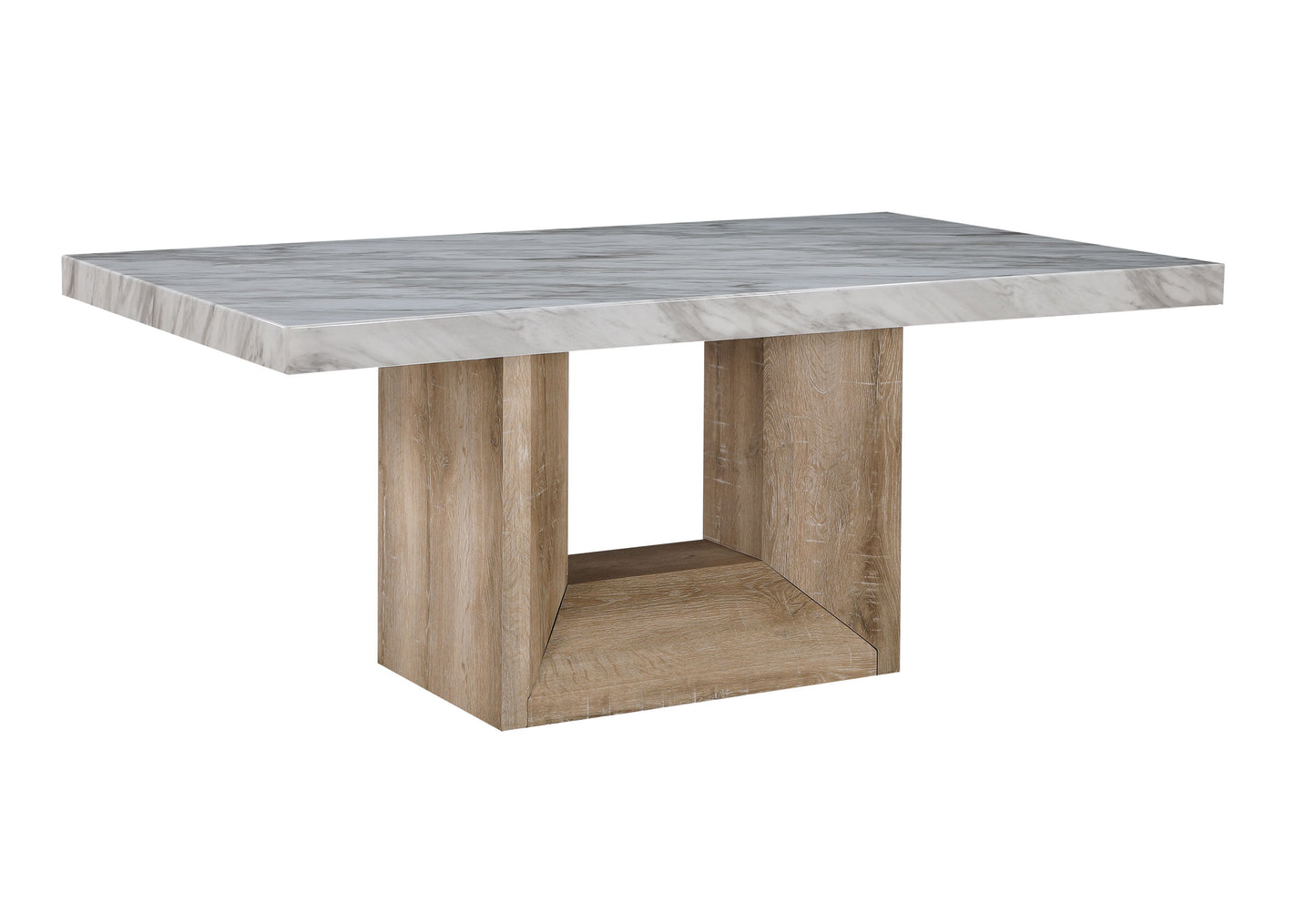 Rectangular dining table with faux marble top and wood pedestal base