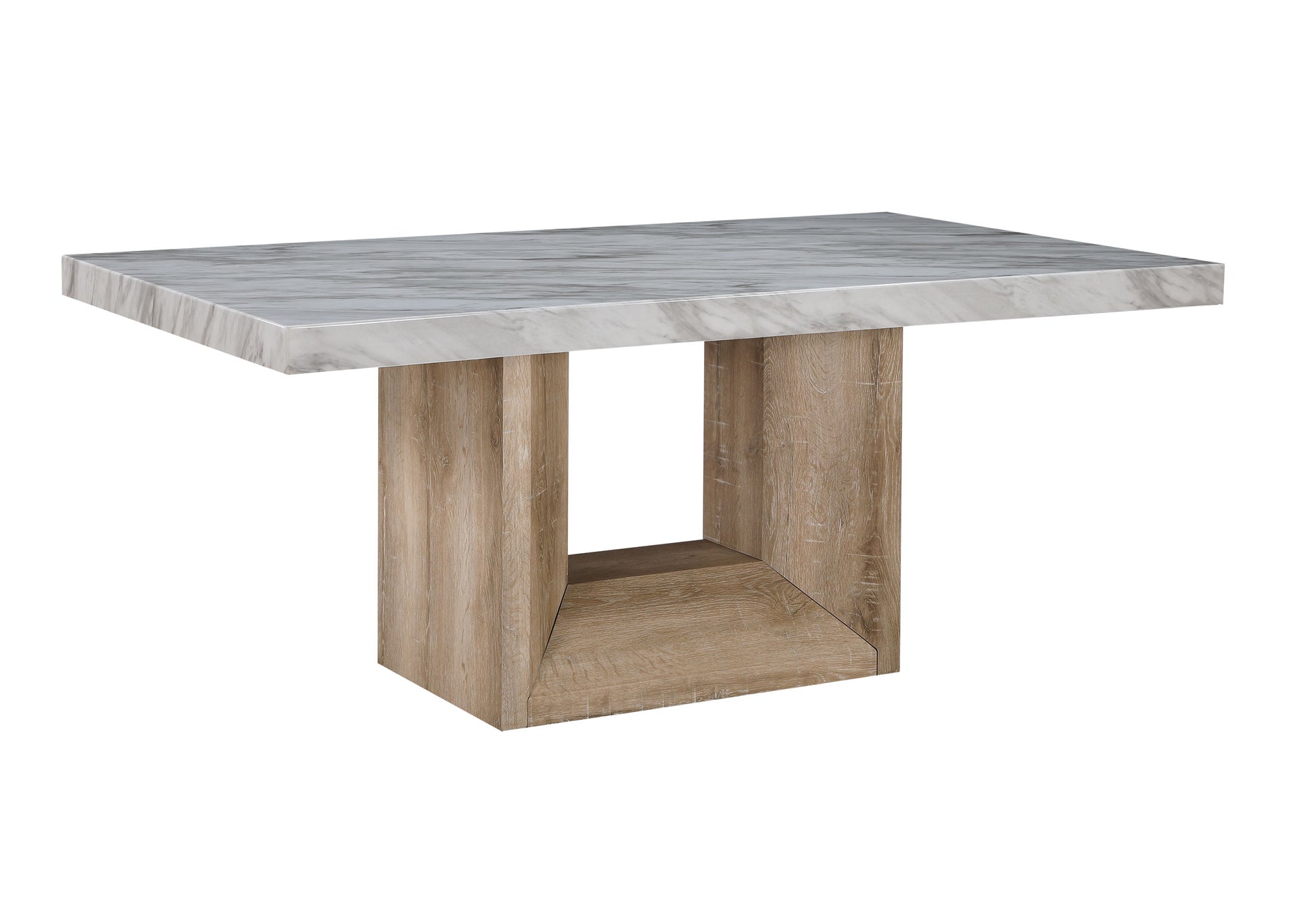 Rectangular dining table with faux marble top and wood pedestal base