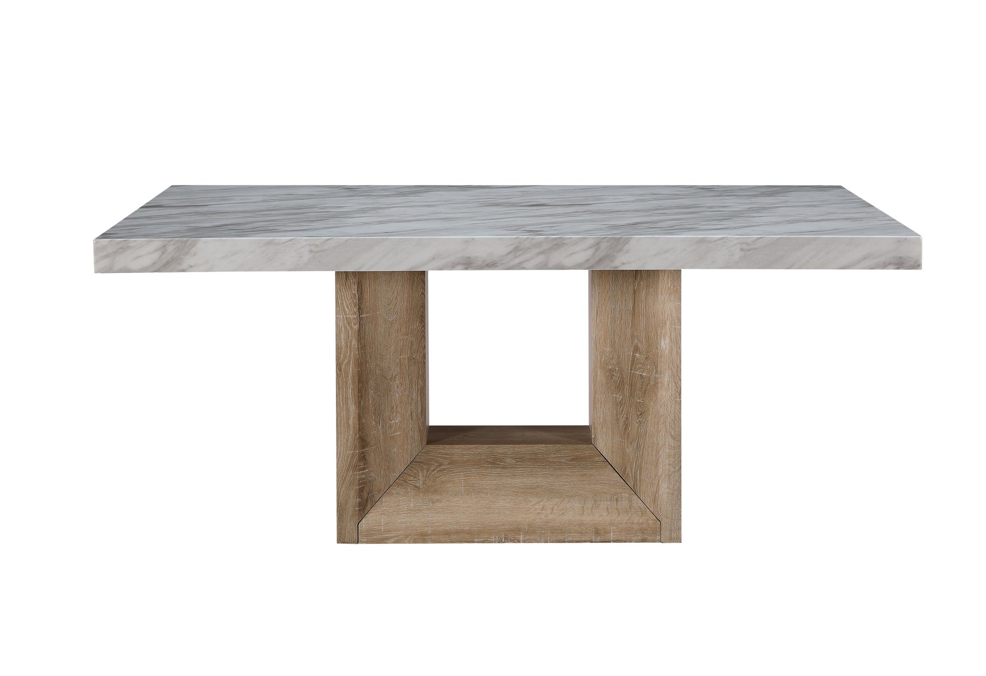 Modern marble top dining table with a Ushaped wood pedestal base