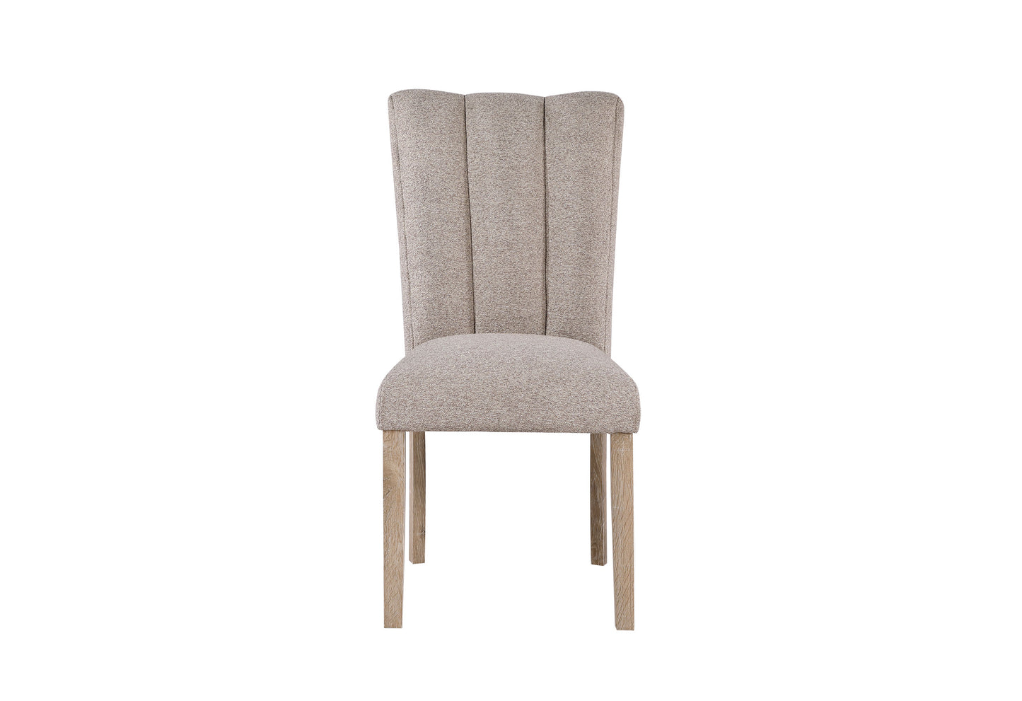 Upholstered dining chair with light beige fabric and wooden legs