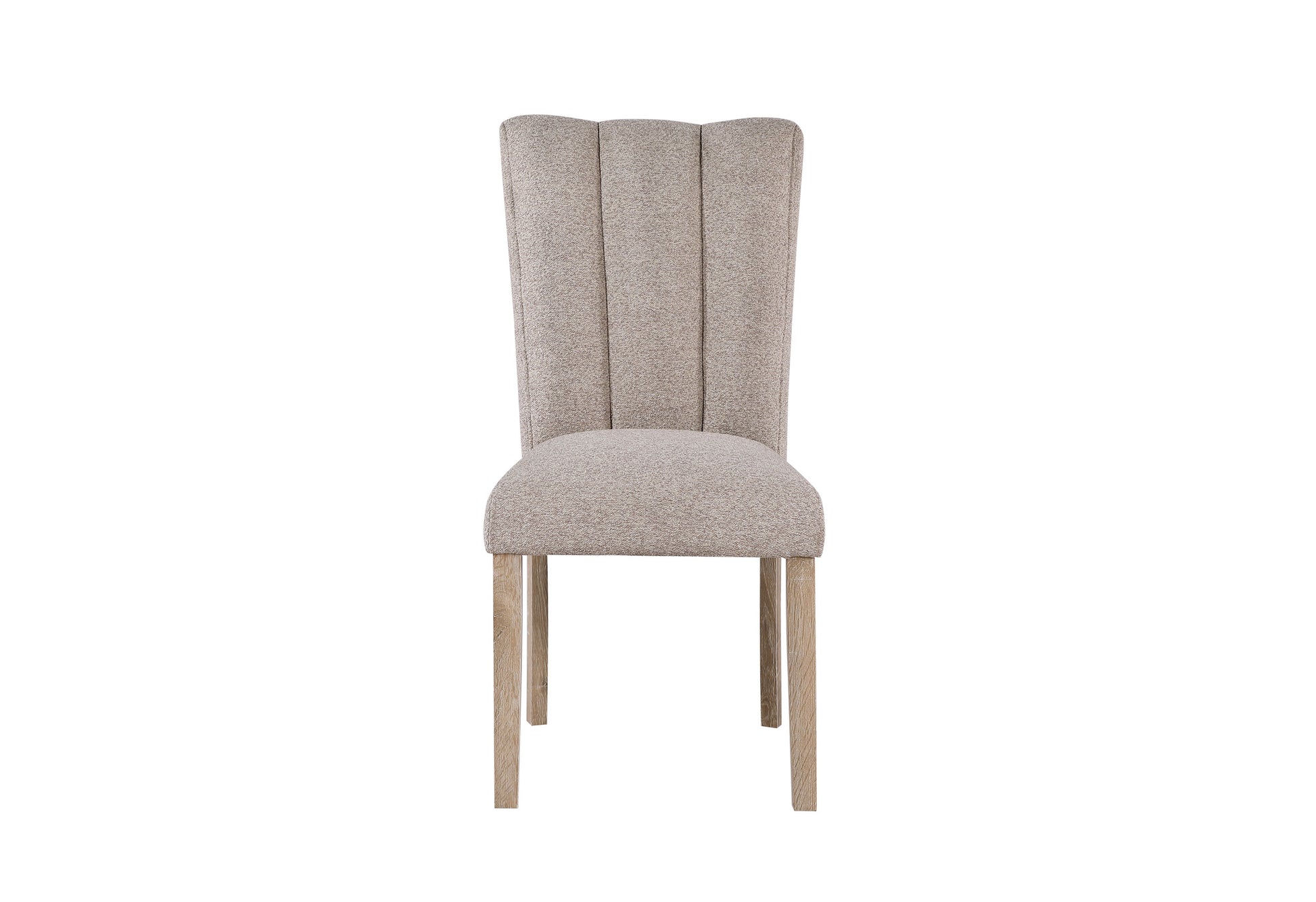 Upholstered dining chair with light beige fabric and wooden legs