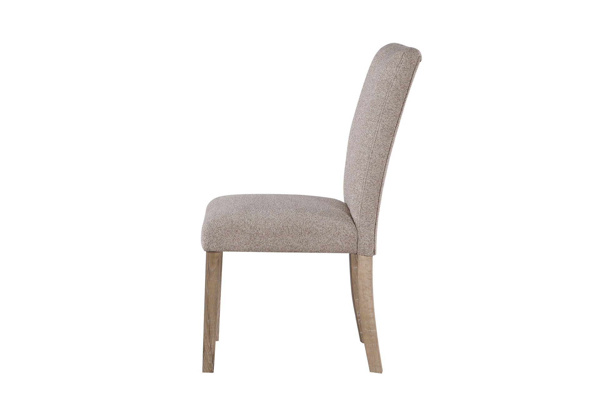Neutral upholstered dining chair with light wood legs