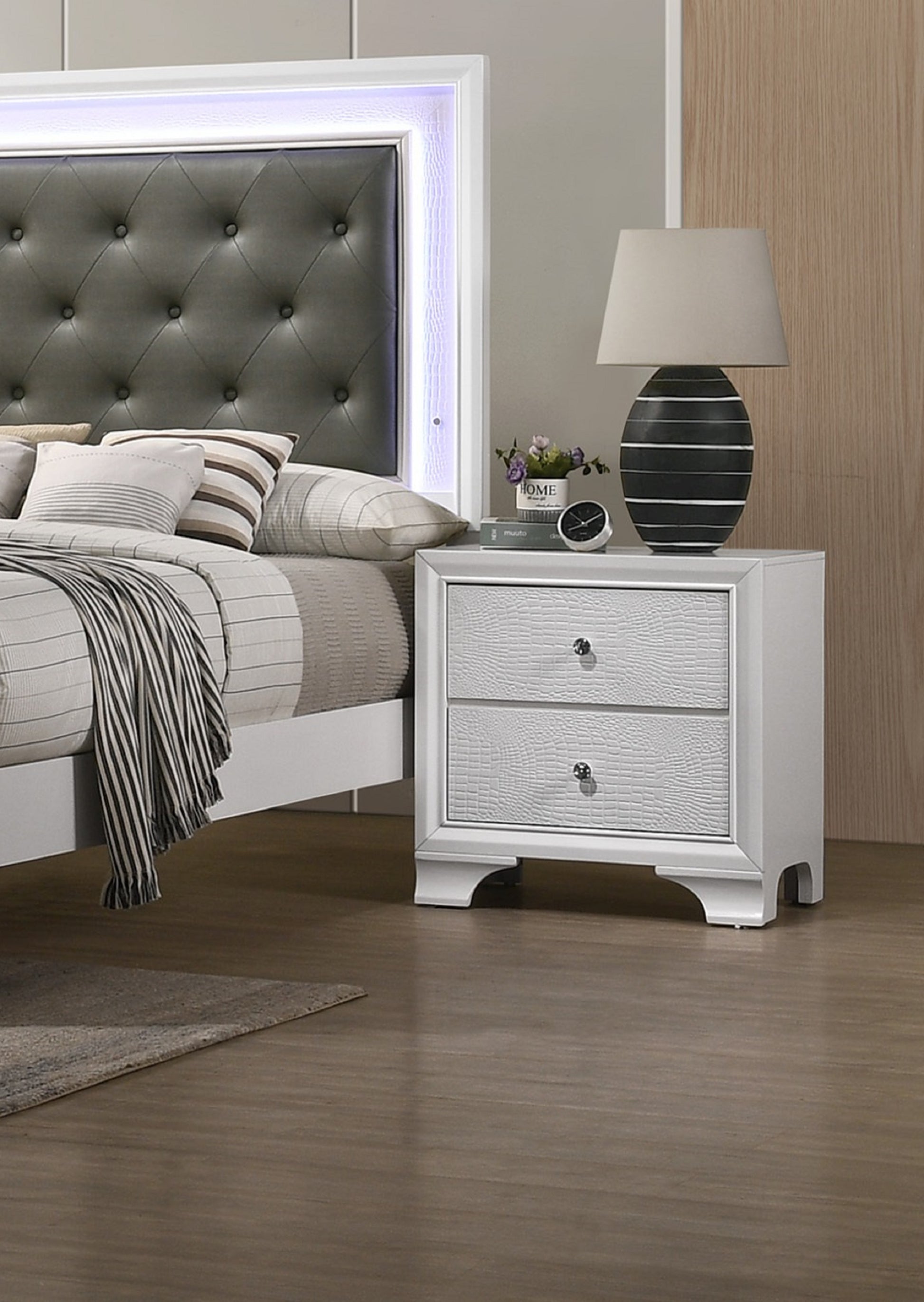 White fauxcroc drawer nightstand with silver knobs