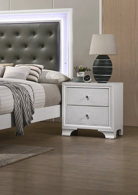 White fauxcroc drawer nightstand with silver knobs