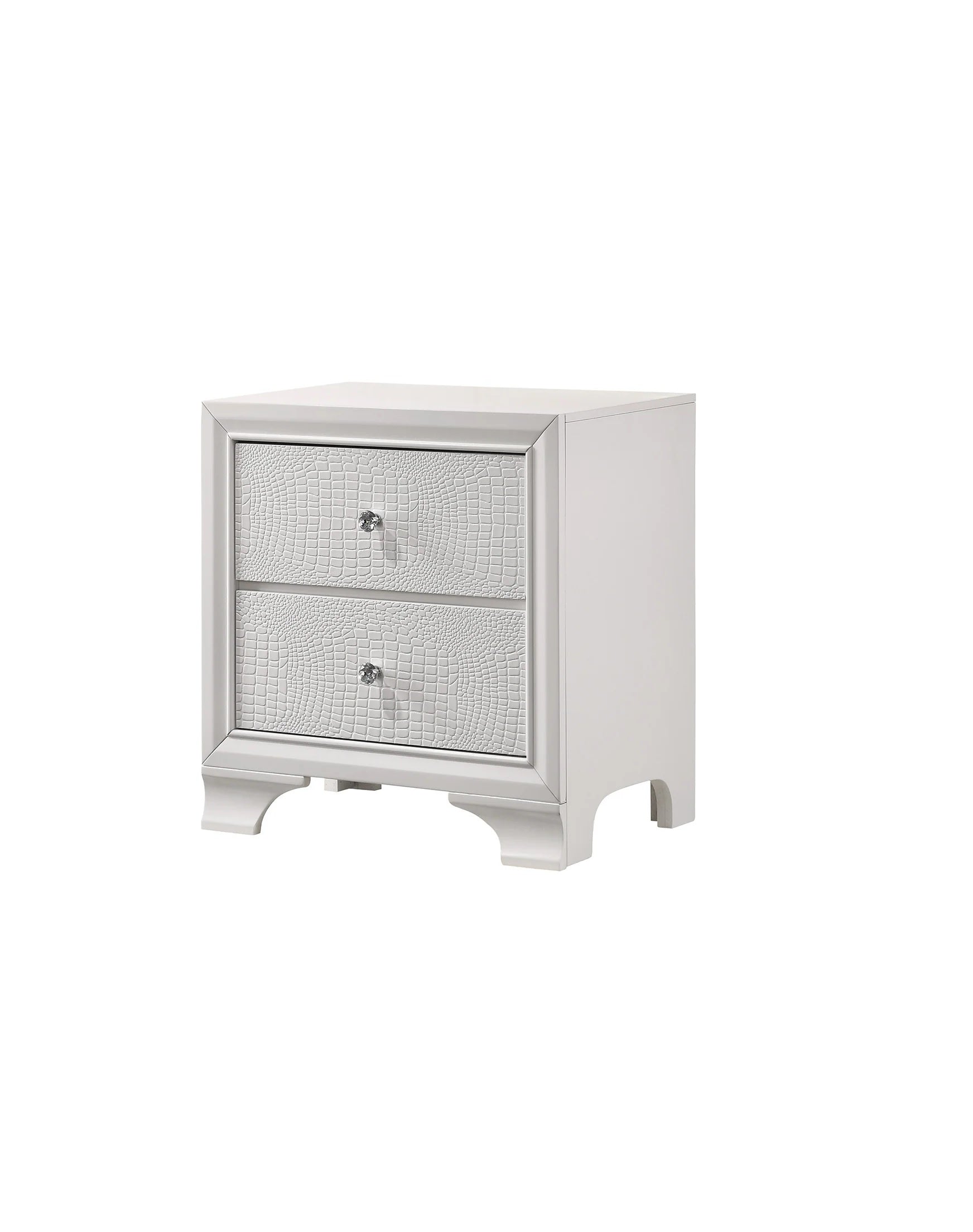 White alligator embossed nightstand with crystal knob