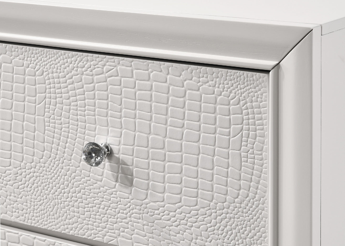 White embossed faux crocodile dresser drawer with crystal knob