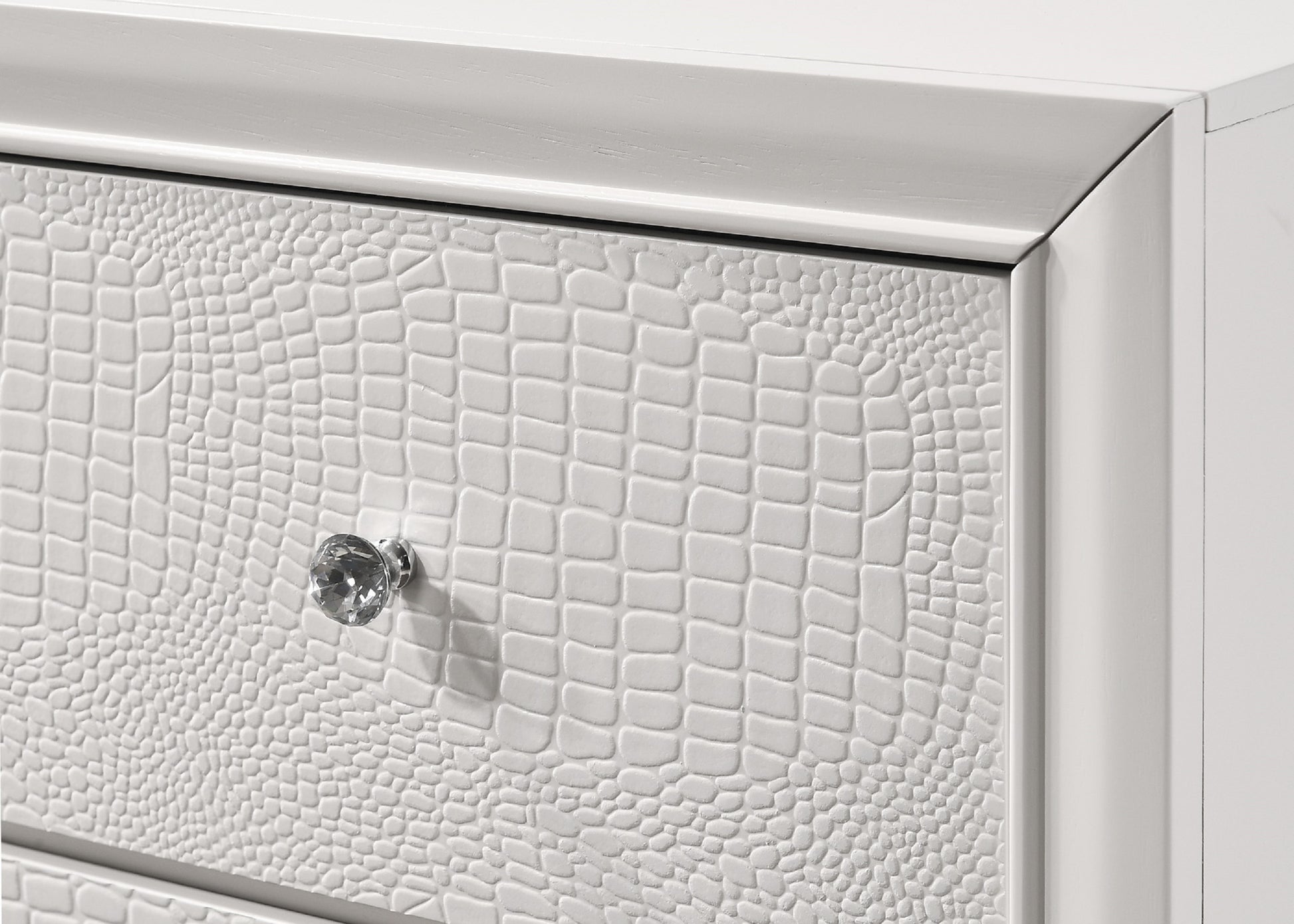White embossed faux crocodile dresser drawer with crystal knob