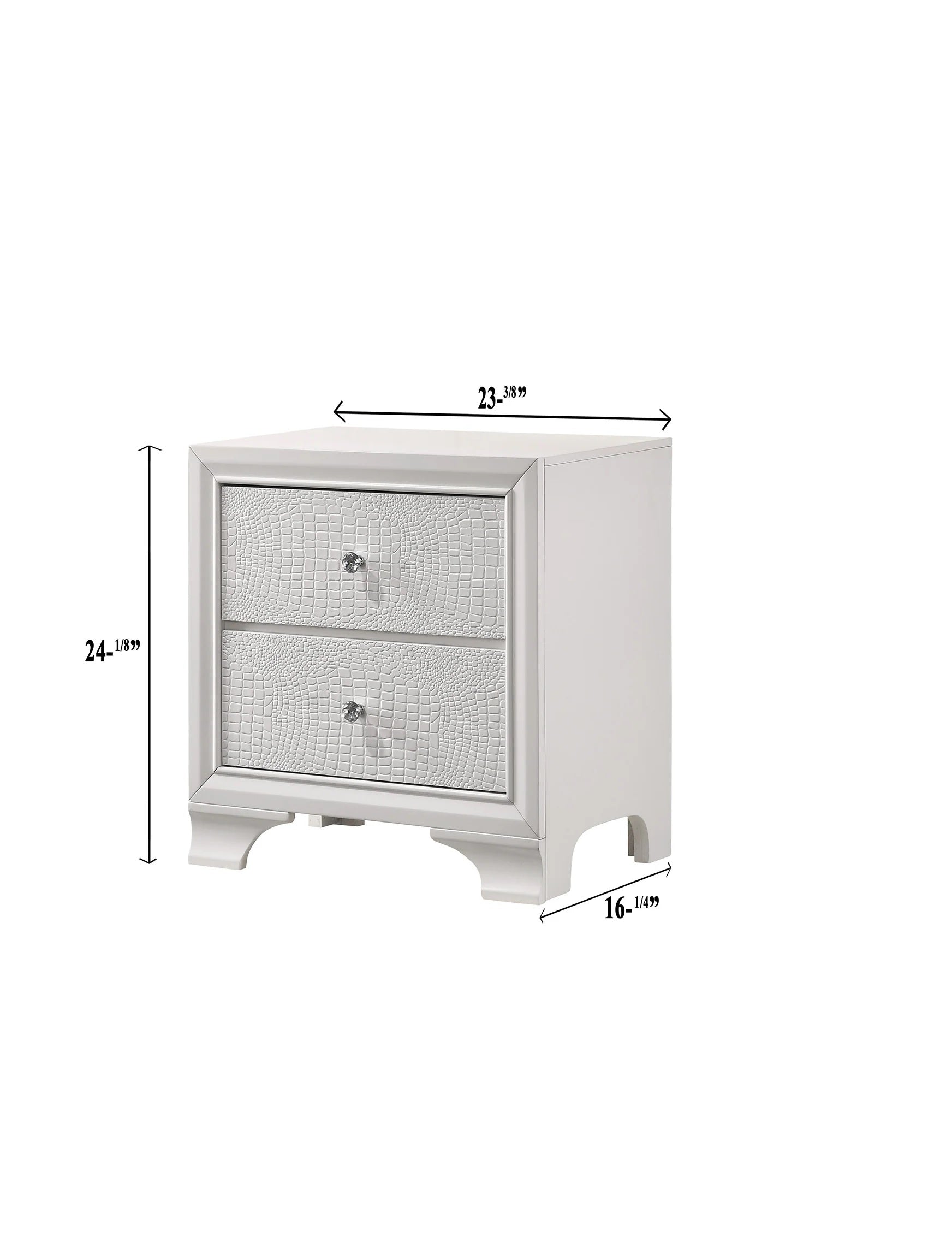 White bedside table with textured drawer fronts and crystal knobs