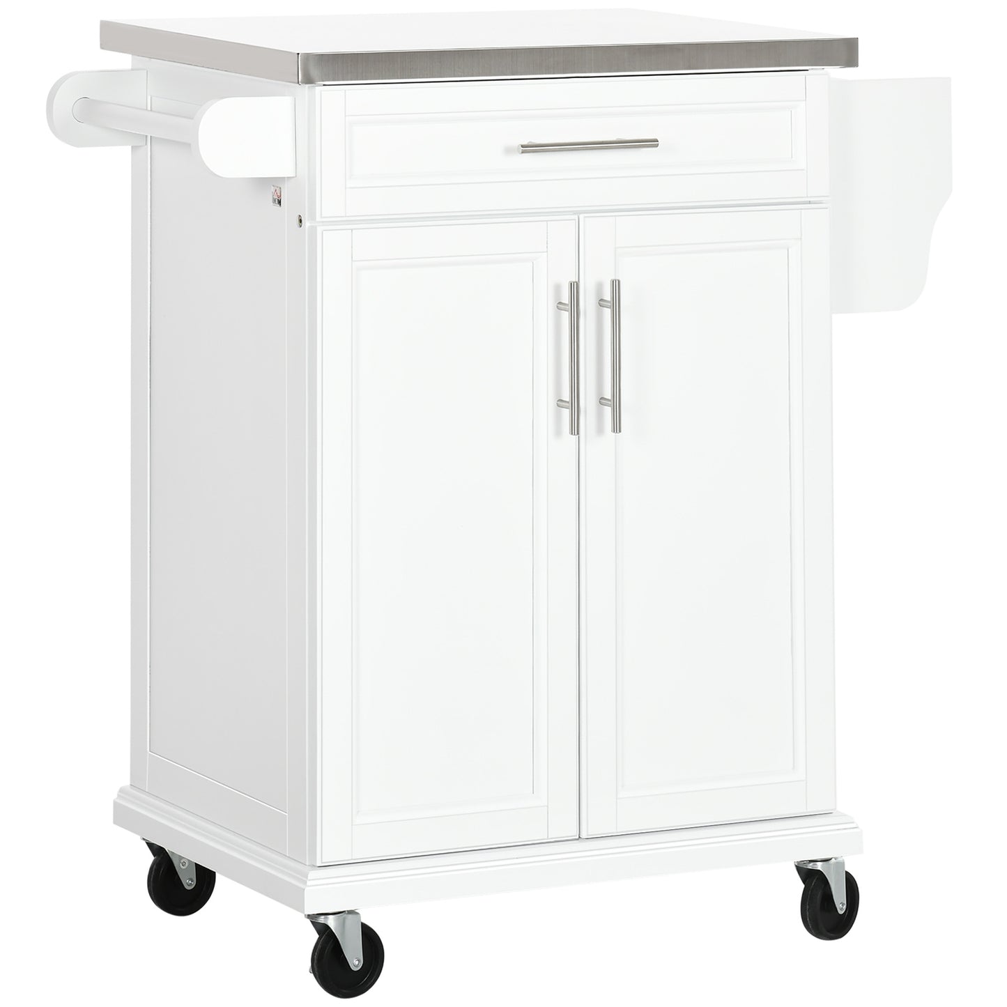 White kitchen cart with stainless steel top drawer and cabinet doors on wheels