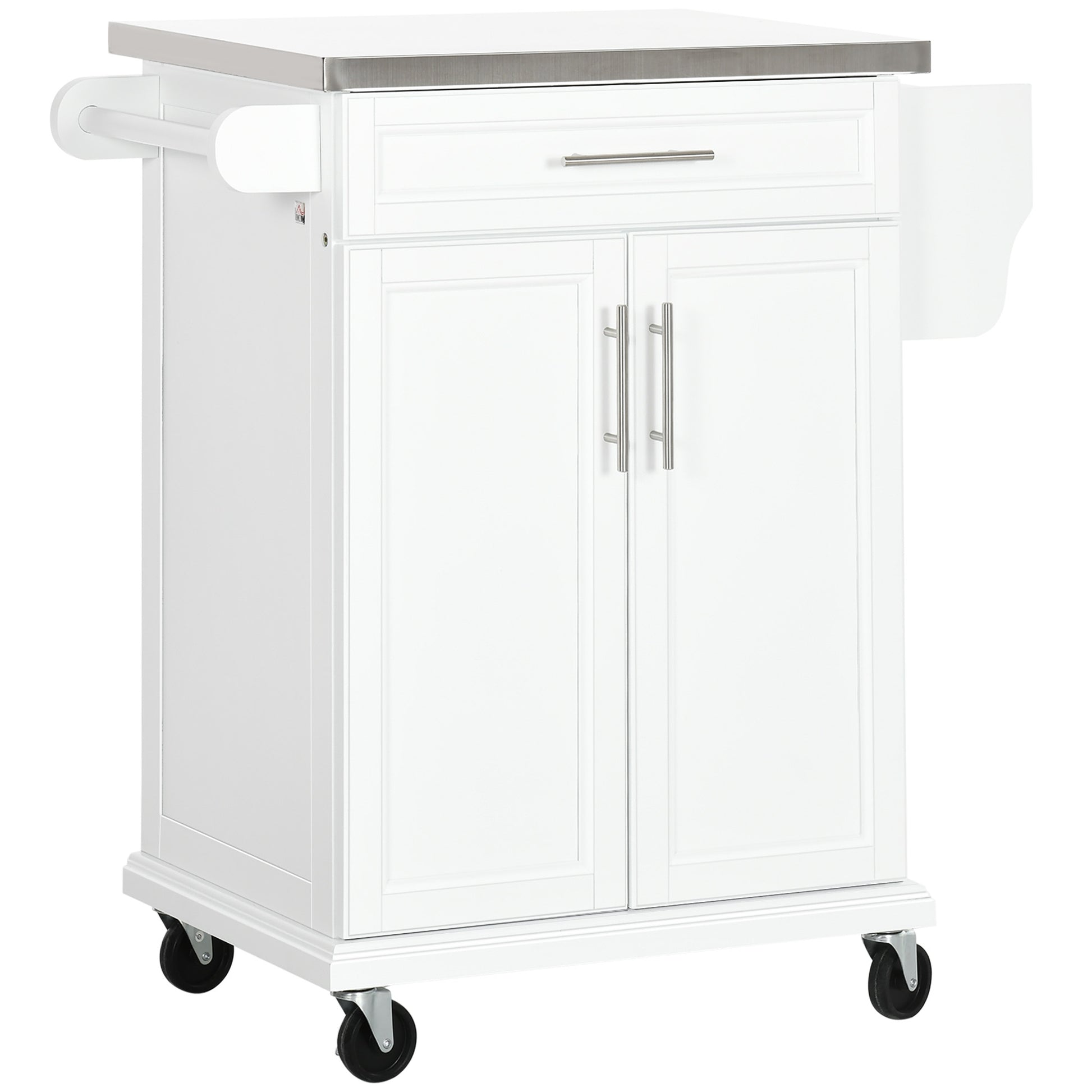 White kitchen cart with stainless steel top drawer and cabinet doors on wheels