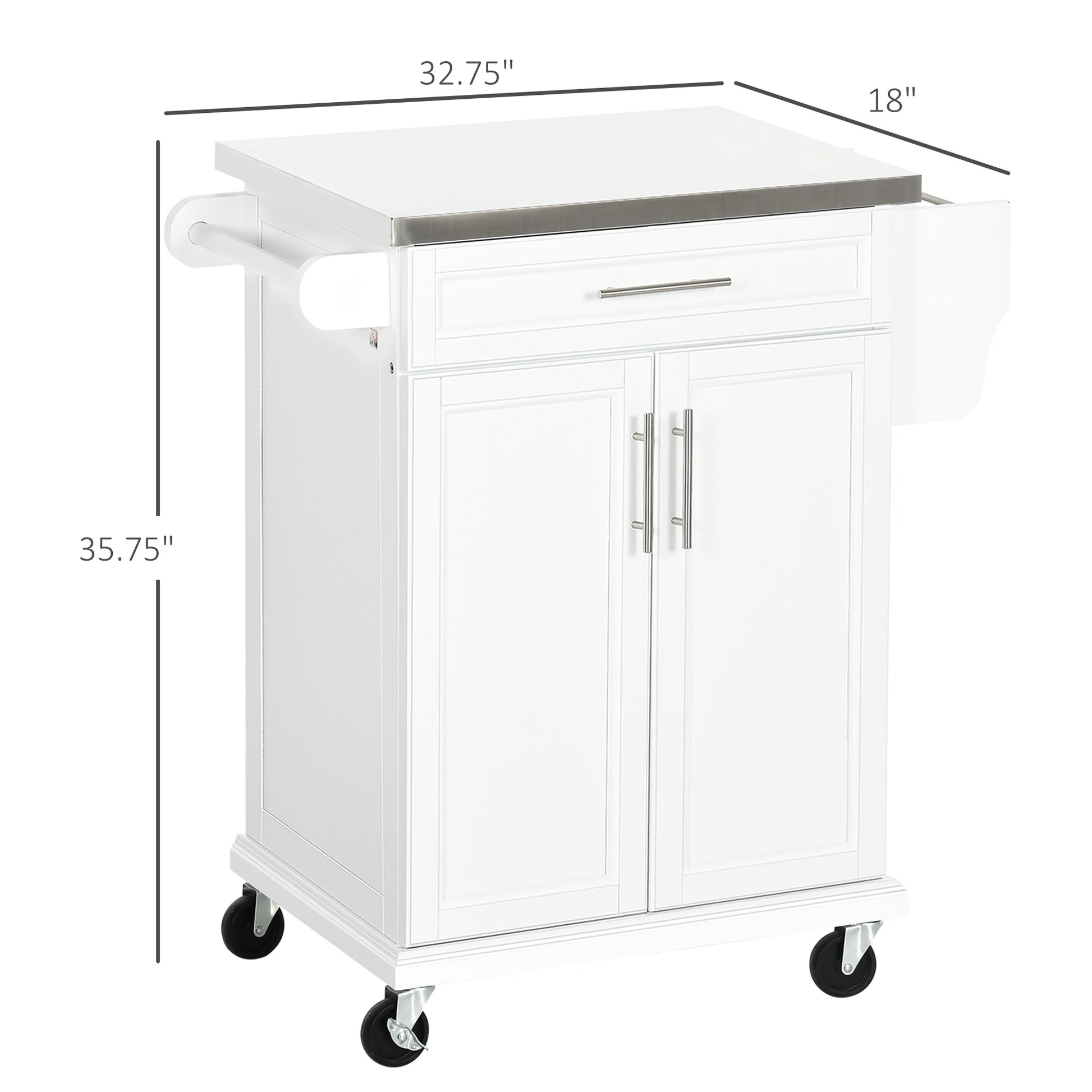 White kitchen cart with stainless steel top and two doors