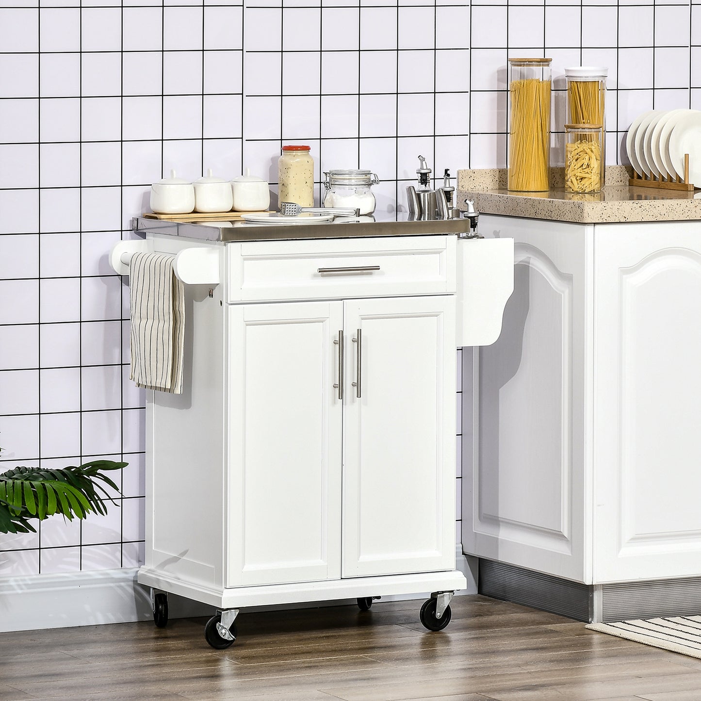 White rolling kitchen cart with stainless steel top