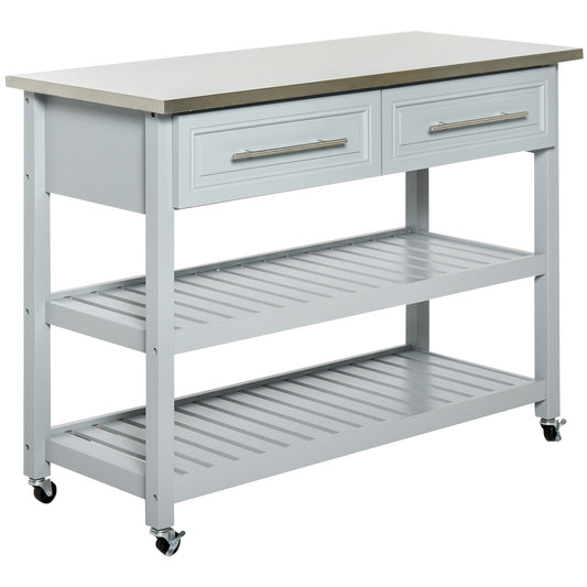 Gray kitchen island cart with two drawers and slatted shelves