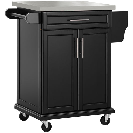 Black kitchen island cart with stainless steel top and towel bar