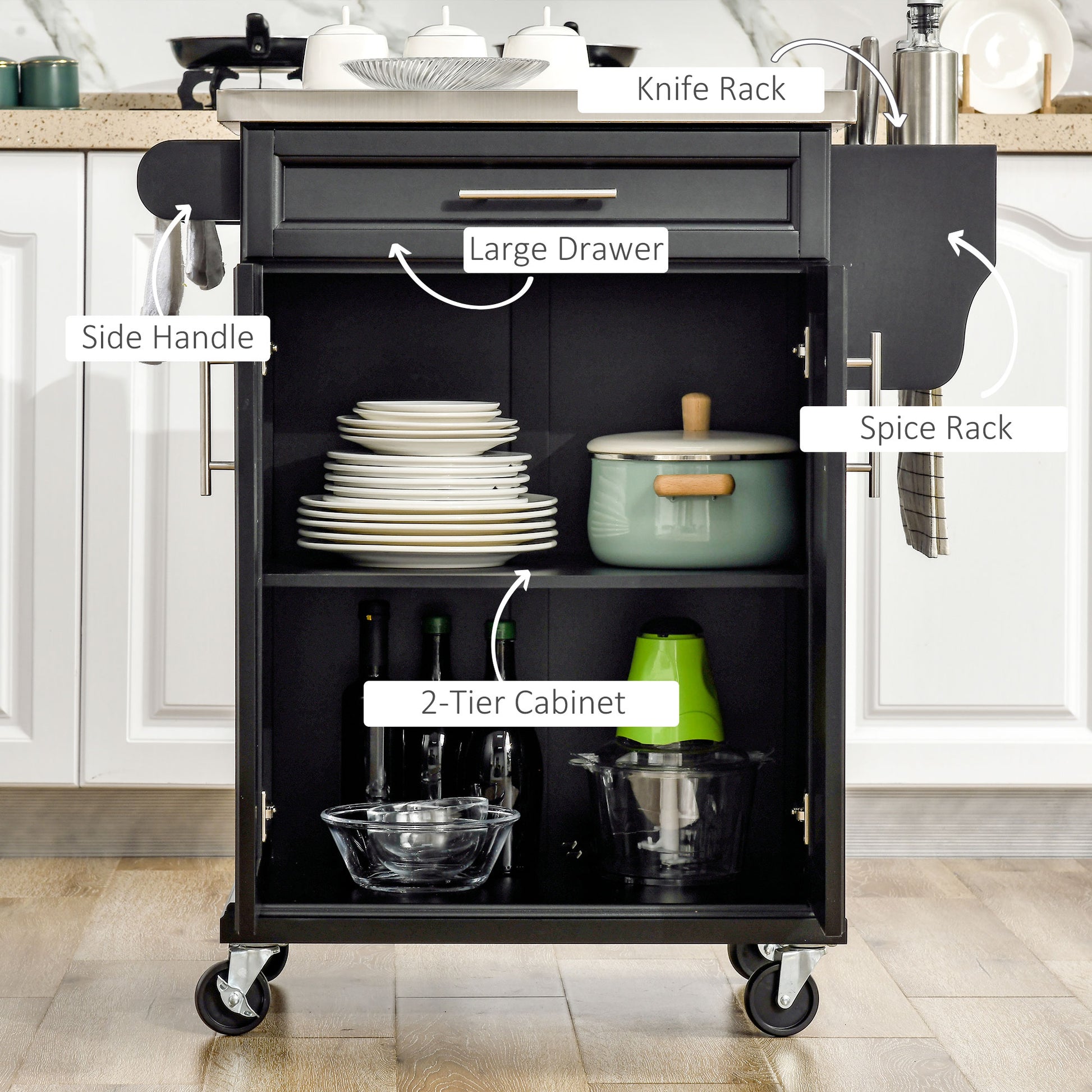 Black kitchen cart with stainless steel top large drawer and tier cabinet for organized storage