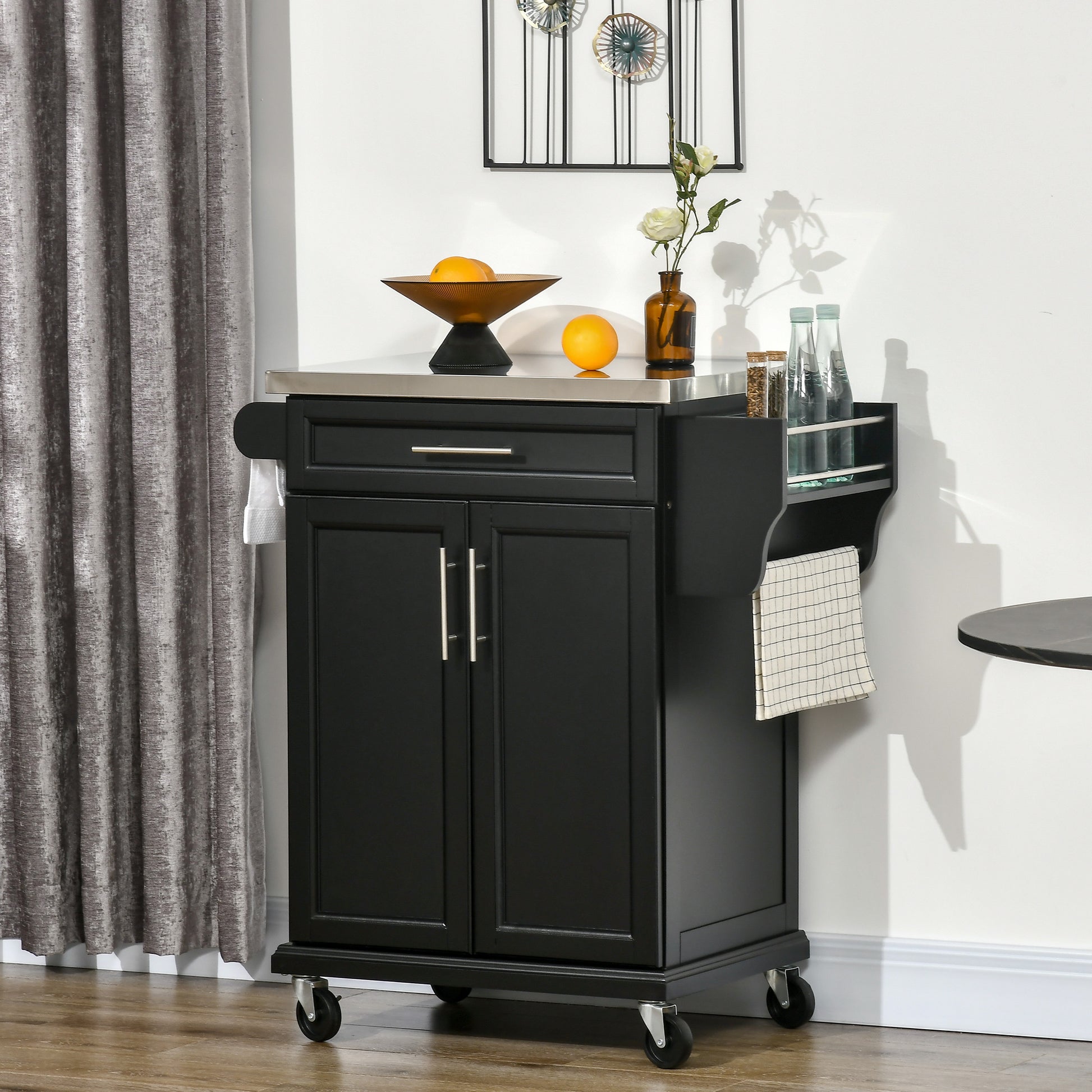 Black kitchen island cart with stainless steel top and two cabinet doors