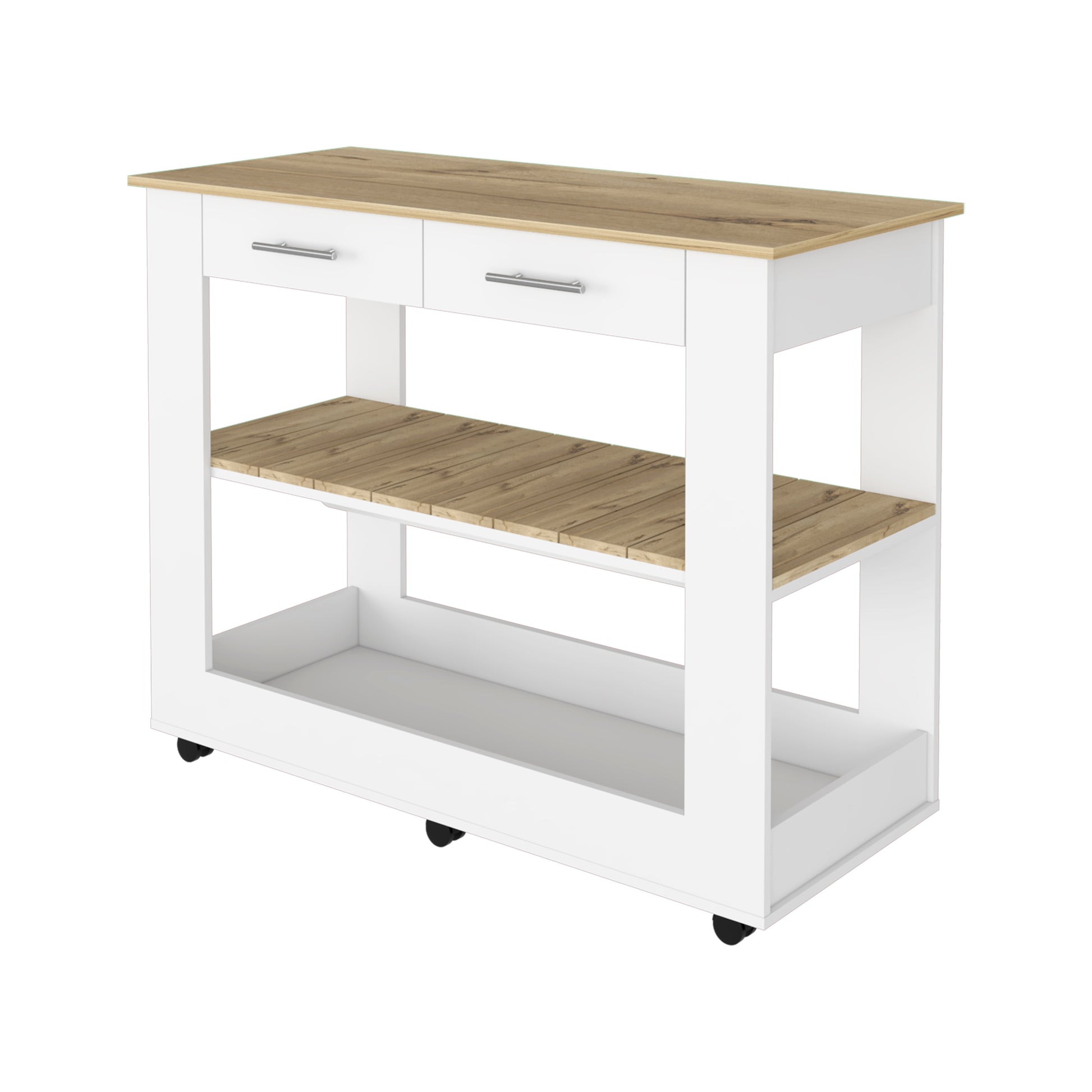 White kitchen cart with wood grain shelves and two drawers on casters for mobility
