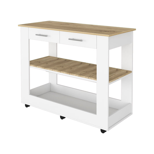 White kitchen cart with wood grain shelves and two drawers on casters for mobility