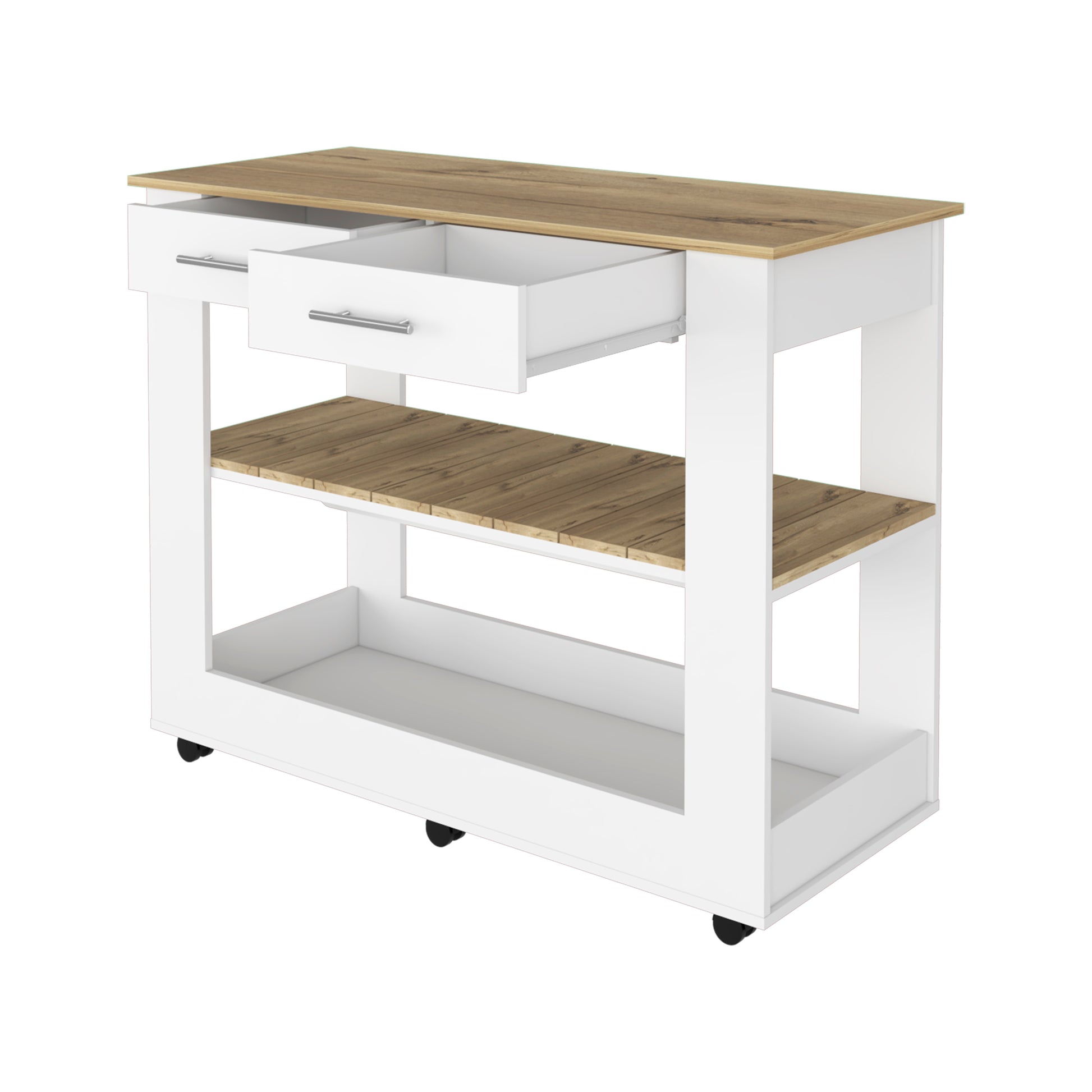 White kitchen cart with two open drawers and a woodgrain shelf