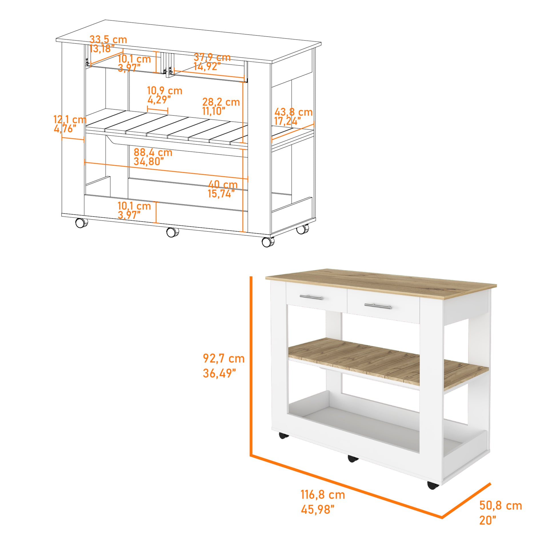 White kitchen island cart with two drawers and two slatted shelves