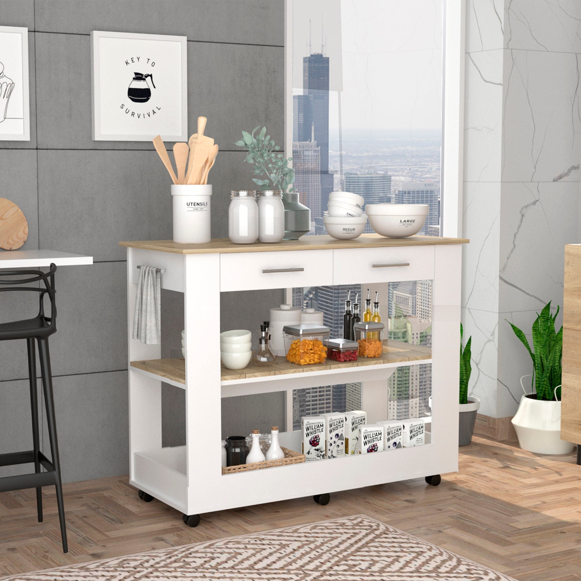 White kitchen cart with wooden top and two drawers