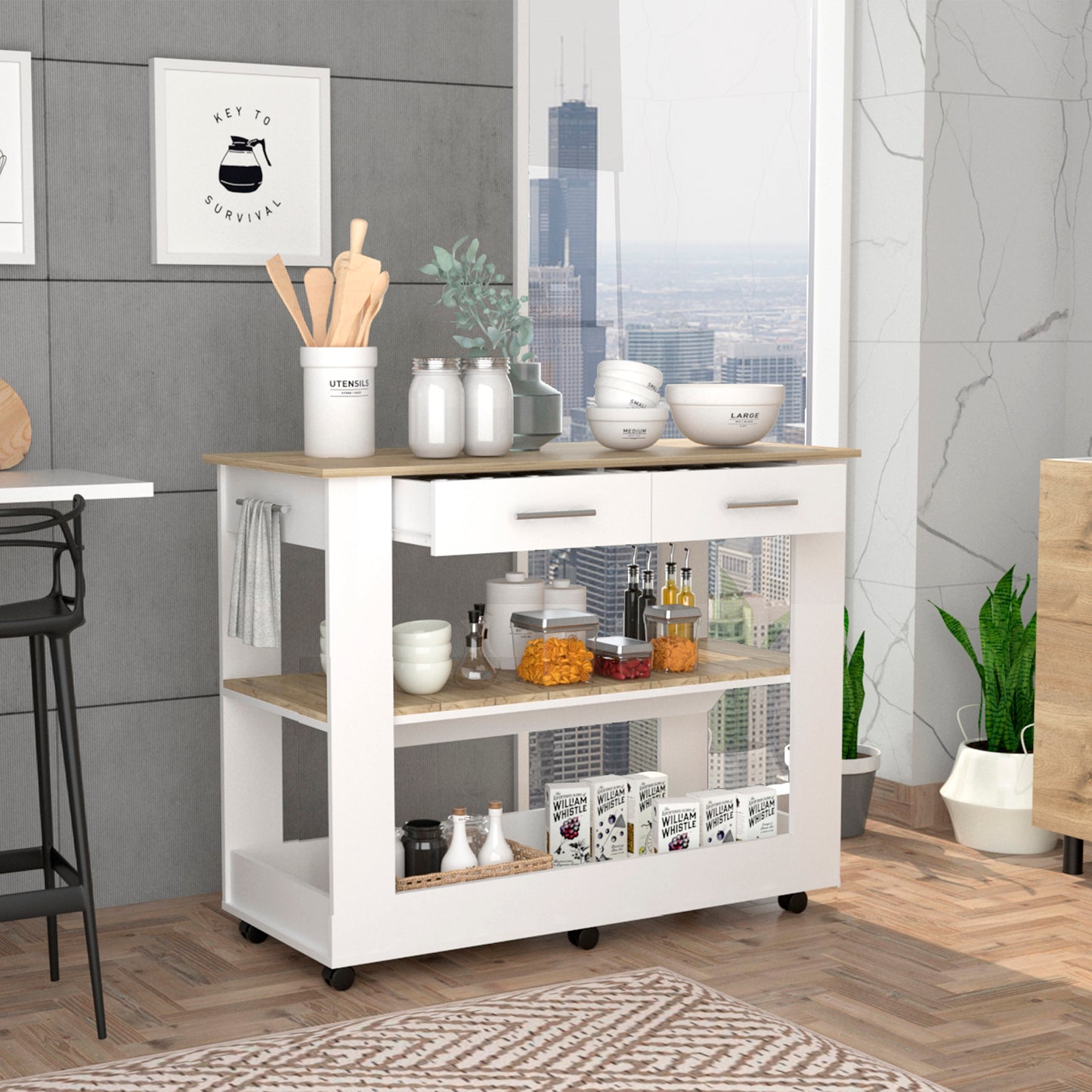 White kitchen cart with natural wood top and two shelves holding kitchenware