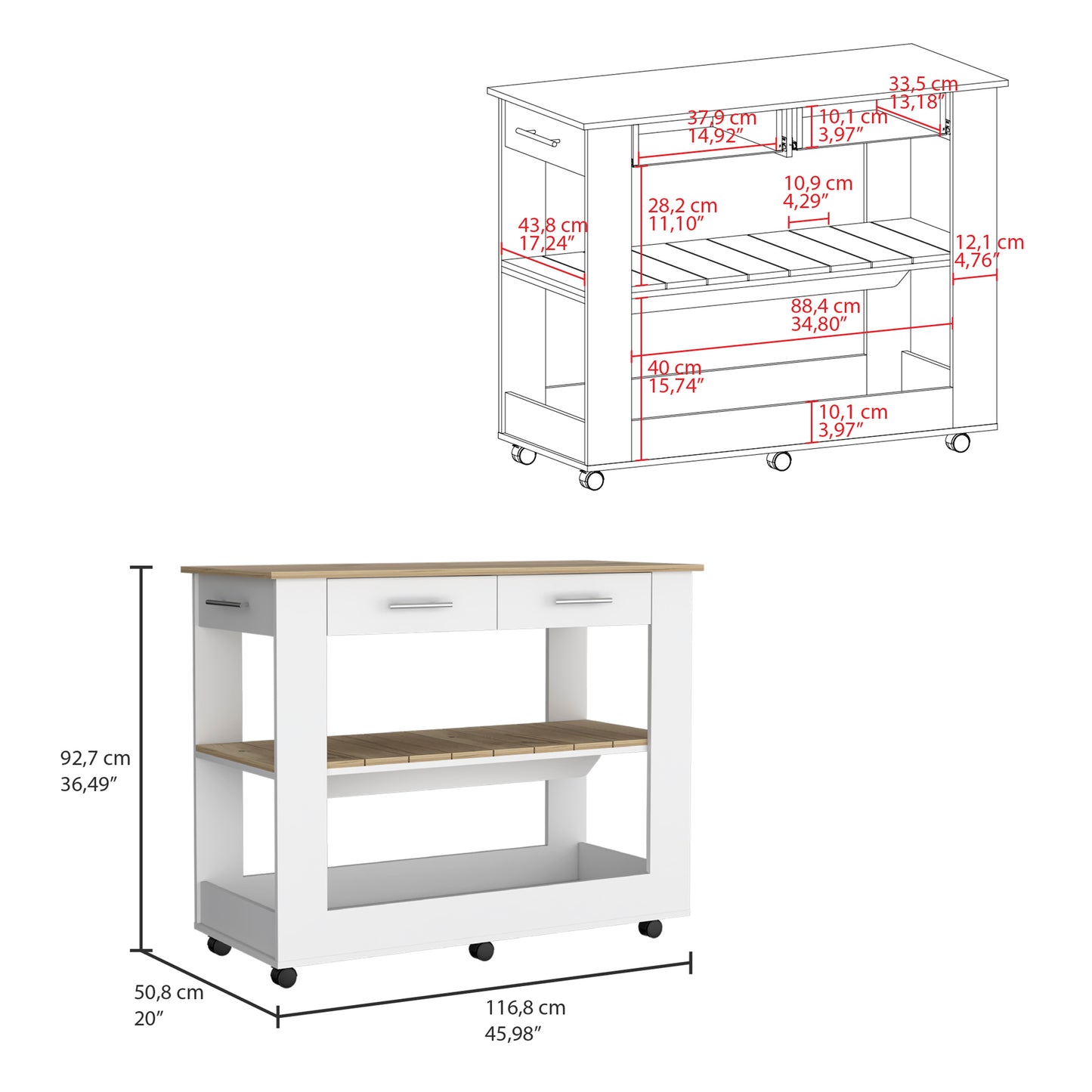 White kitchen island cart with two drawers and open shelving