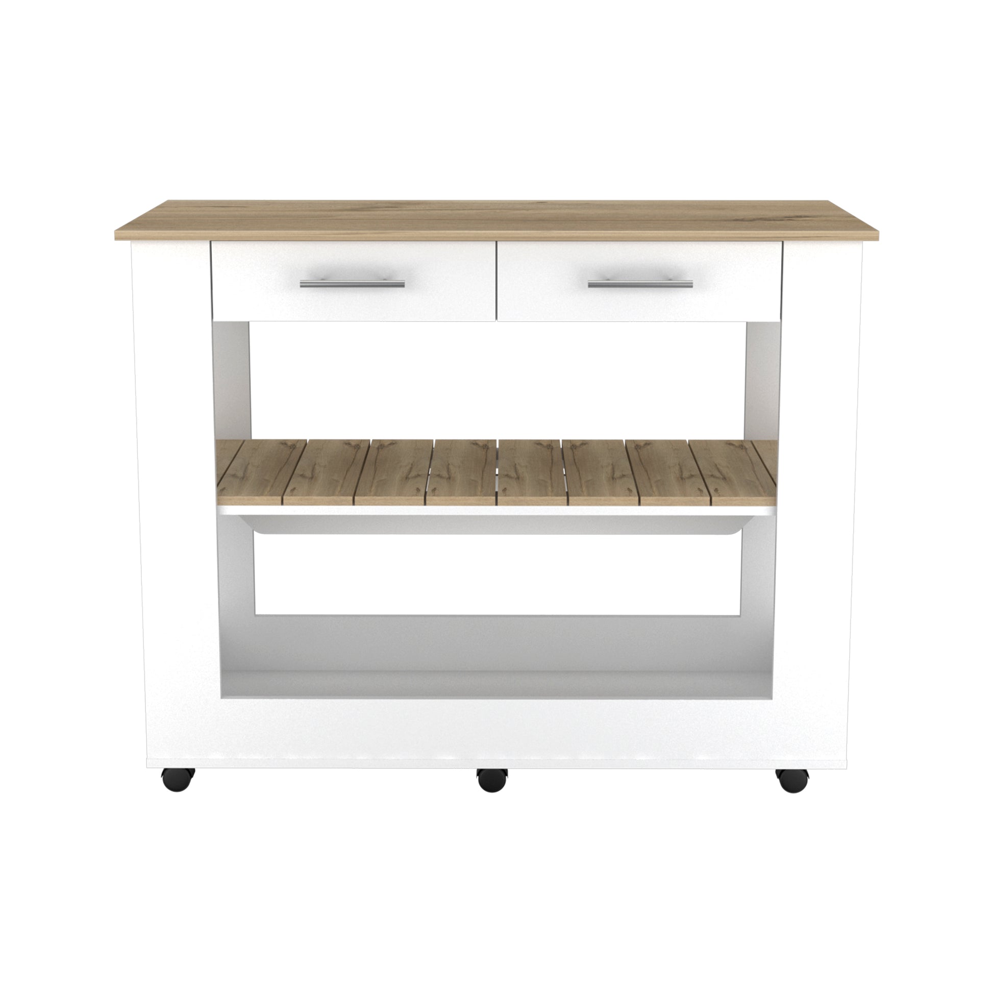 White kitchen cart with oak wood top and shelf