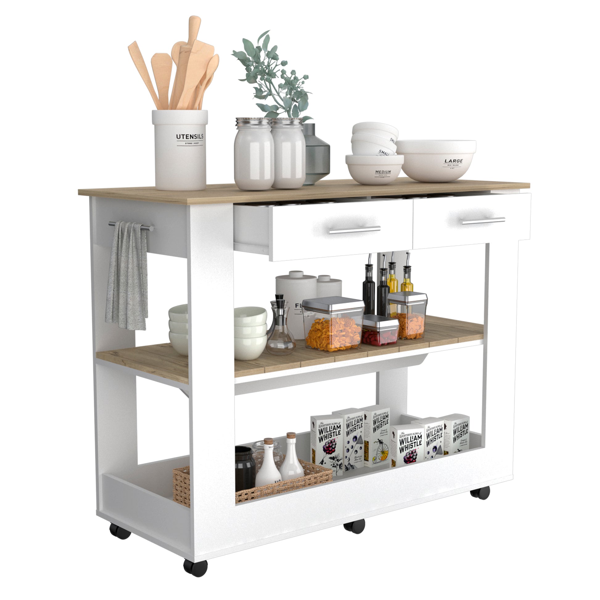 White kitchen cart with wooden countertop and two drawers