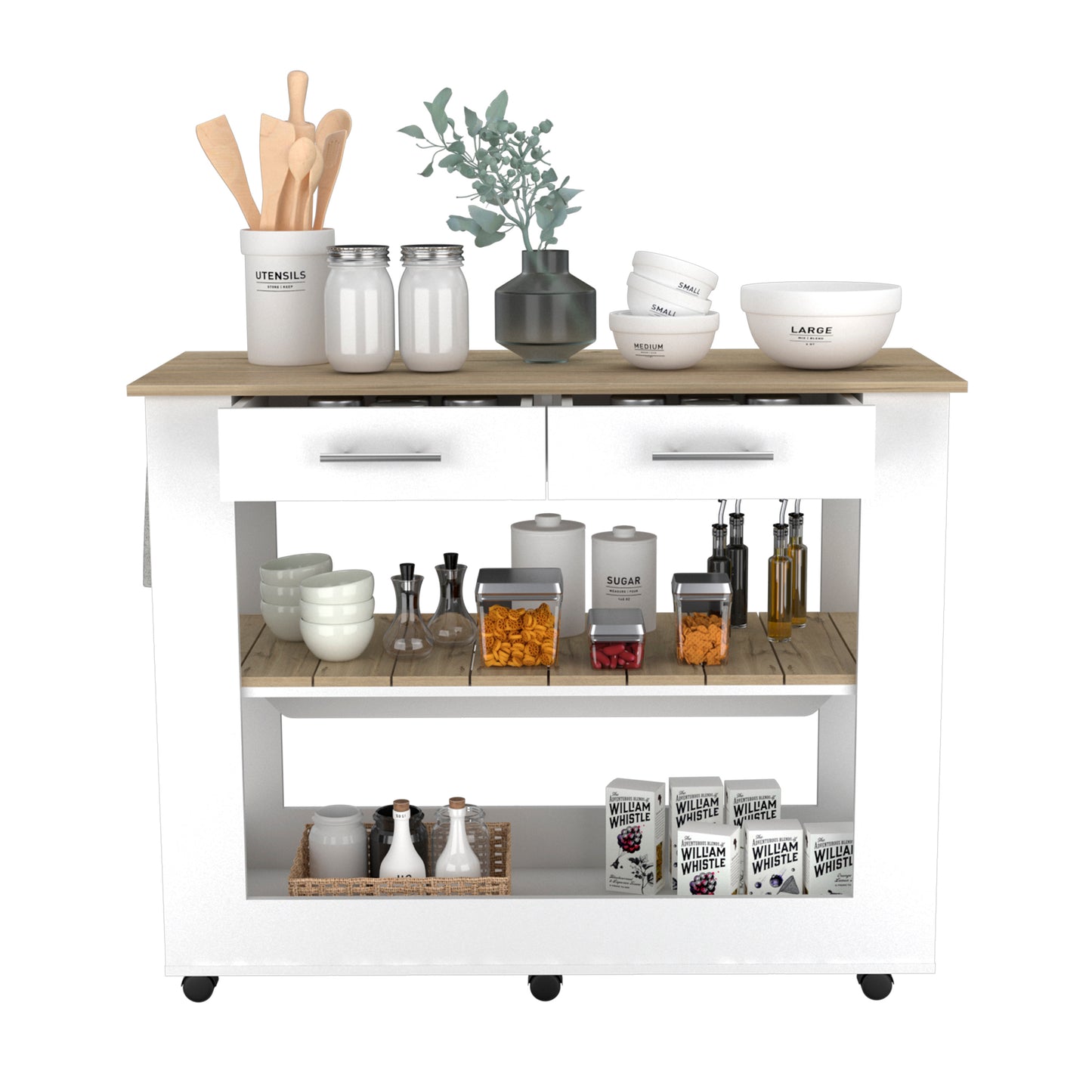 Wooden kitchen cart with white drawers and oak top holding utensils and bowls