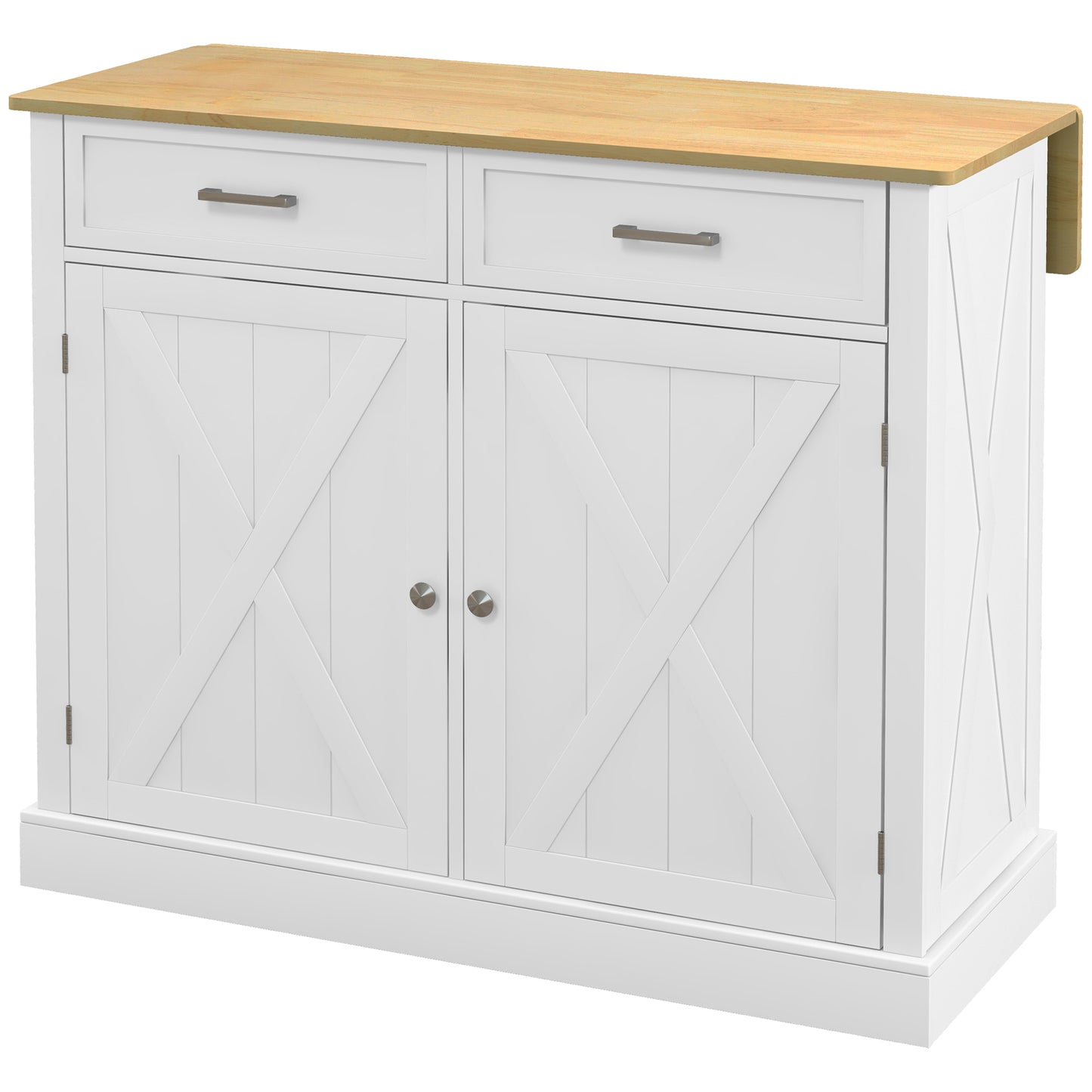White barn door sideboard with wooden top and two drawers