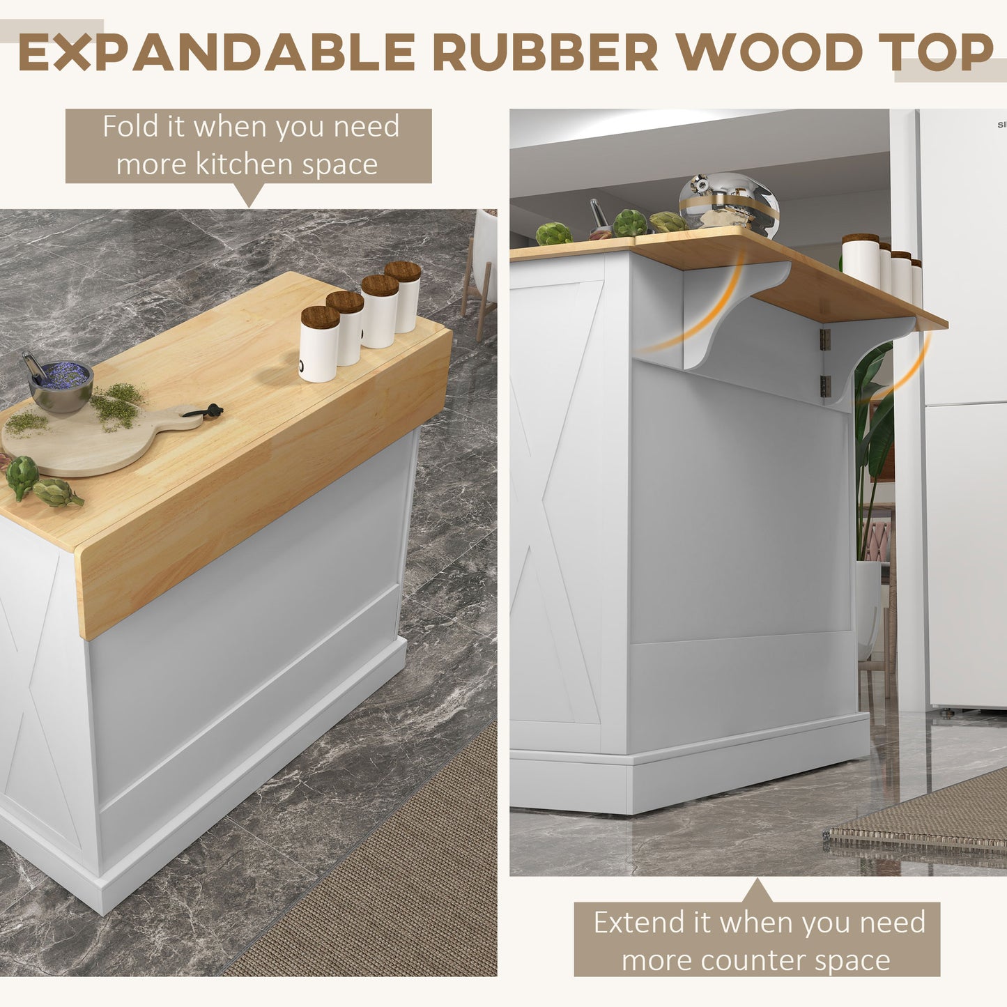 White kitchen island with expandable rubber wood countertop in folded position