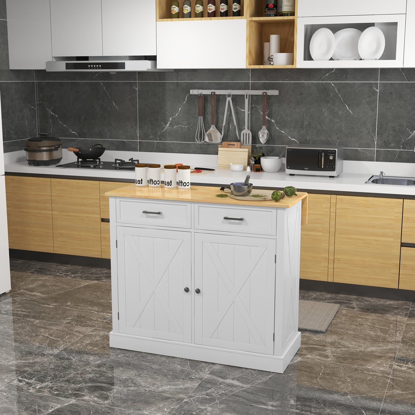 White kitchen island with two drawers and double barnstyle doors